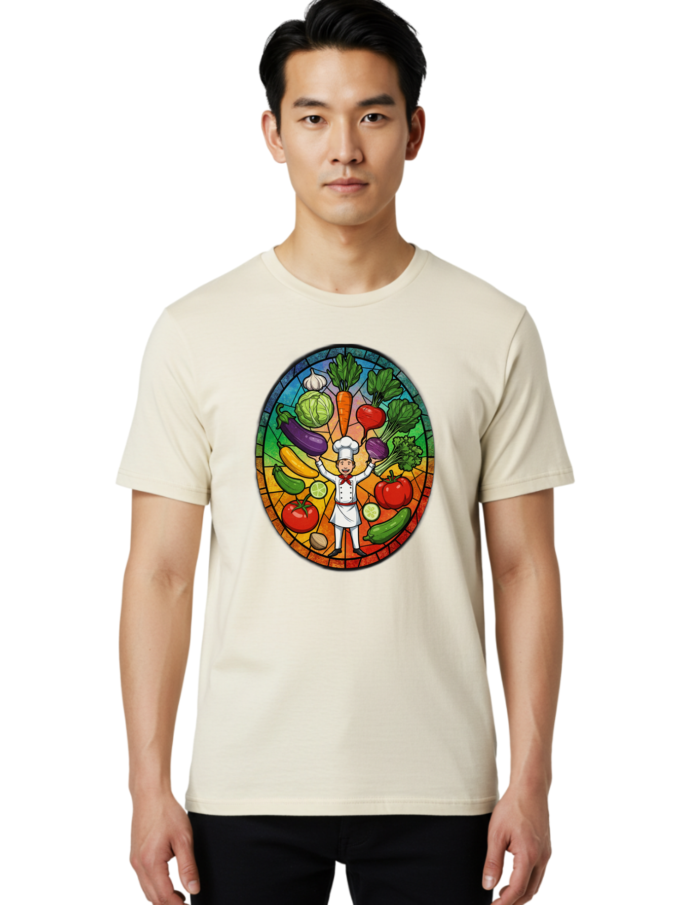Chef-With-Vegetables Men'S Graphic Tee, 100% Cotton, Comfortable Casual Summer Wear, Machine Washable, Cartoon Chef, Fresh Vegetables, Healthy Food, Stained Glass Style, Vibrant Colors, Chef'S Hat, White Uniform, Red Scarf, Happy Chef, Bac843
