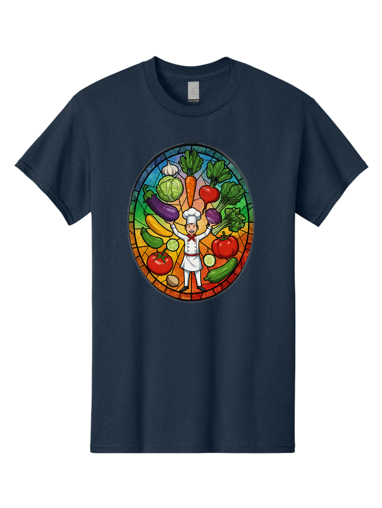 Chef-With-Vegetables Men'S Graphic Tee, 100% Cotton, Comfortable Casual Summer Wear, Machine Washable, Cartoon Chef, Fresh Vegetables, Healthy Food, Stained Glass Style, Vibrant Colors, Chef'S Hat, White Uniform, Red Scarf, Happy Chef, Bac843