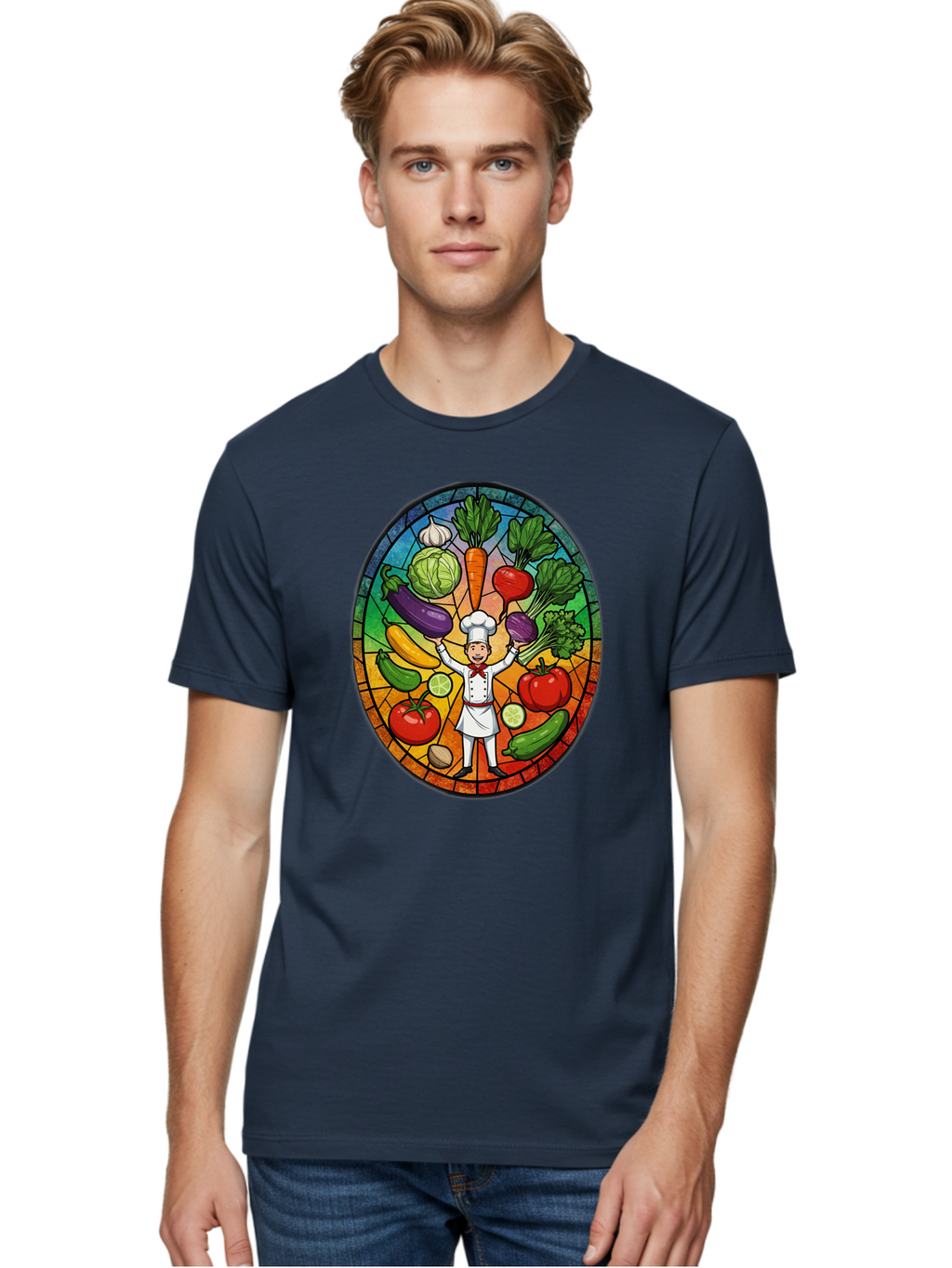 Chef-With-Vegetables Men'S Graphic Tee, 100% Cotton, Comfortable Casual Summer Wear, Machine Washable, Cartoon Chef, Fresh Vegetables, Healthy Food, Stained Glass Style, Vibrant Colors, Chef'S Hat, White Uniform, Red Scarf, Happy Chef, Bac843