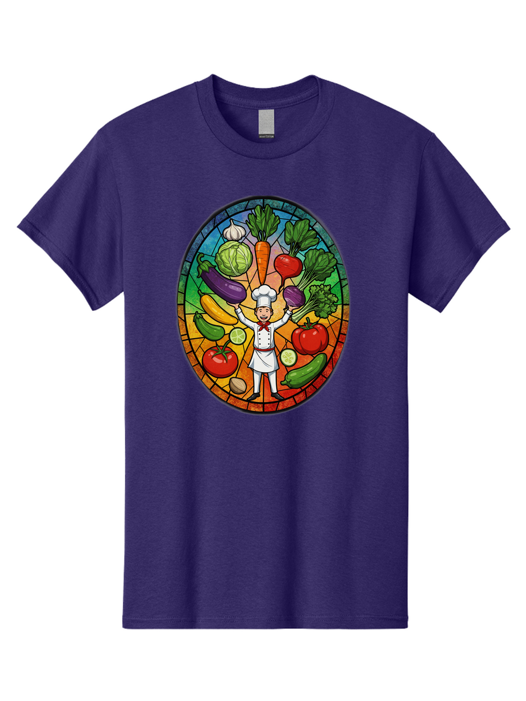 Chef-With-Vegetables Men'S Graphic Tee, 100% Cotton, Comfortable Casual Summer Wear, Machine Washable, Cartoon Chef, Fresh Vegetables, Healthy Food, Stained Glass Style, Vibrant Colors, Chef'S Hat, White Uniform, Red Scarf, Happy Chef, Bac843