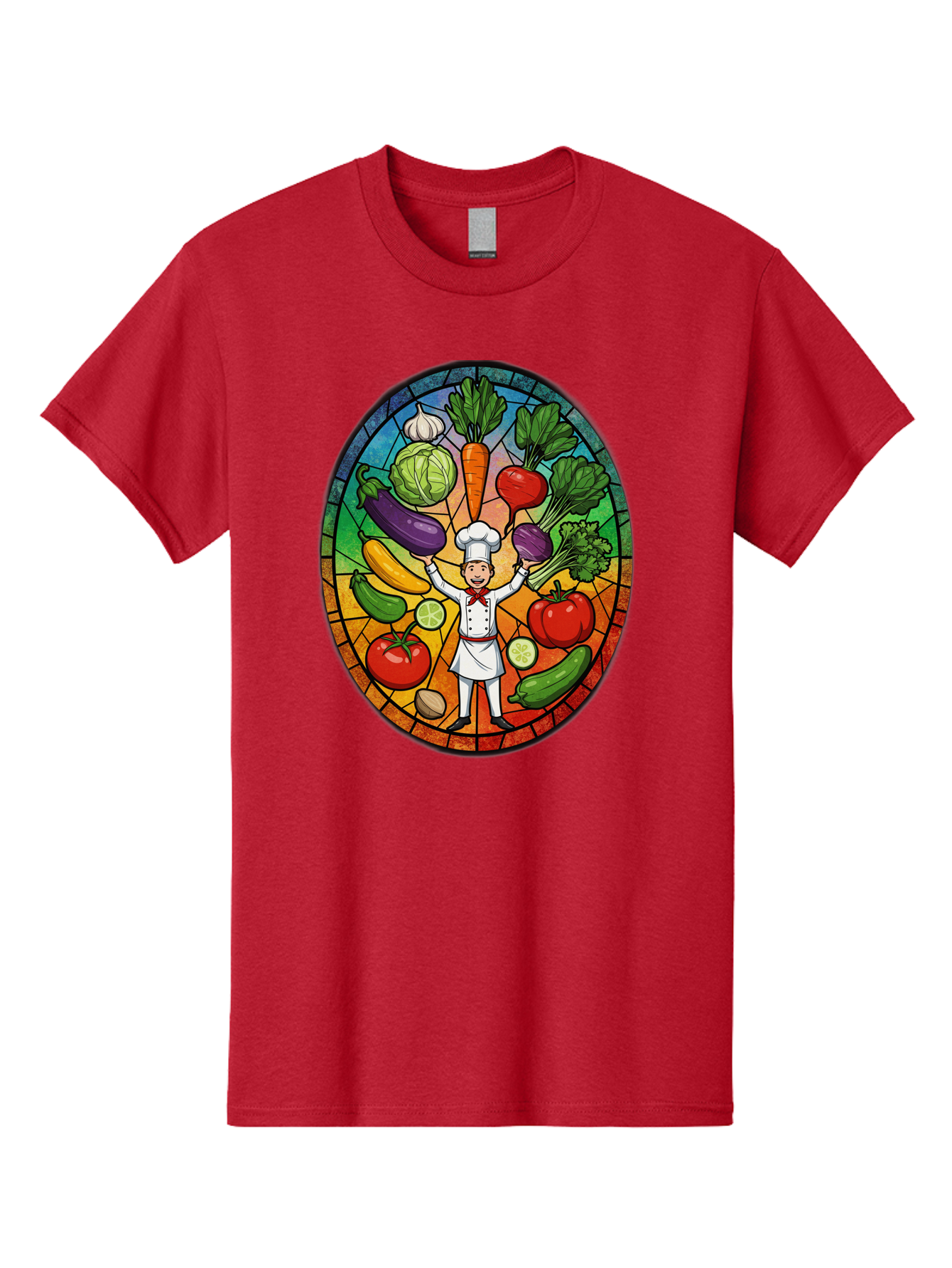 Chef-With-Vegetables Men'S Graphic Tee, 100% Cotton, Comfortable Casual Summer Wear, Machine Washable, Cartoon Chef, Fresh Vegetables, Healthy Food, Stained Glass Style, Vibrant Colors, Chef'S Hat, White Uniform, Red Scarf, Happy Chef, Bac843