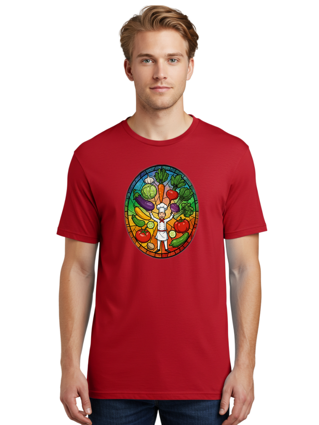 Chef-With-Vegetables Men'S Graphic Tee, 100% Cotton, Comfortable Casual Summer Wear, Machine Washable, Cartoon Chef, Fresh Vegetables, Healthy Food, Stained Glass Style, Vibrant Colors, Chef'S Hat, White Uniform, Red Scarf, Happy Chef, Bac843