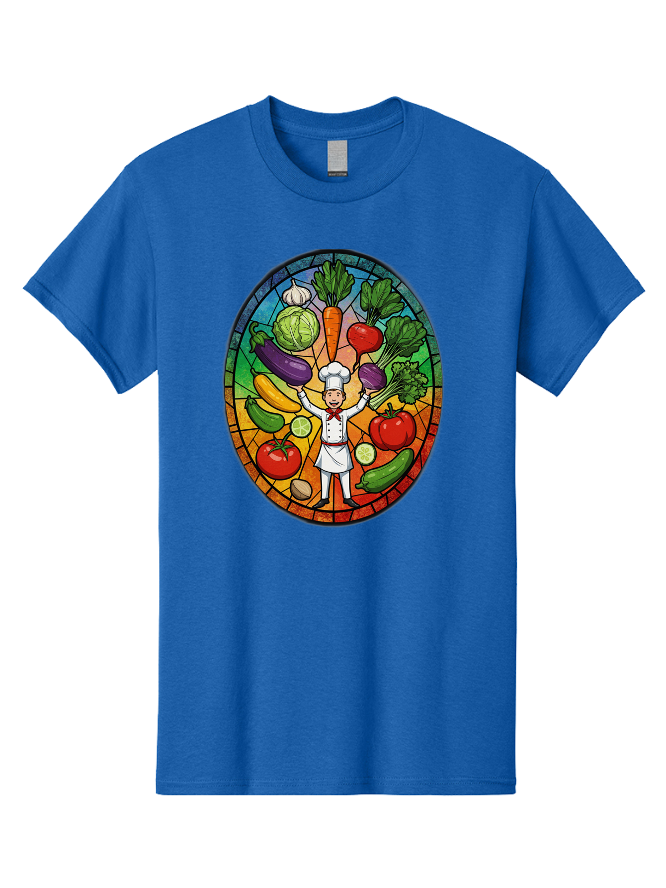 Chef-With-Vegetables Men'S Graphic Tee, 100% Cotton, Comfortable Casual Summer Wear, Machine Washable, Cartoon Chef, Fresh Vegetables, Healthy Food, Stained Glass Style, Vibrant Colors, Chef'S Hat, White Uniform, Red Scarf, Happy Chef, Bac843