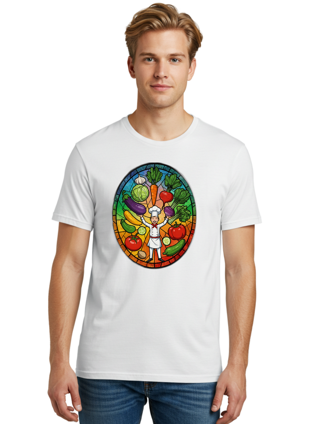 Chef-With-Vegetables Men'S Graphic Tee, 100% Cotton, Comfortable Casual Summer Wear, Machine Washable, Cartoon Chef, Fresh Vegetables, Healthy Food, Stained Glass Style, Vibrant Colors, Chef'S Hat, White Uniform, Red Scarf, Happy Chef, Bac843