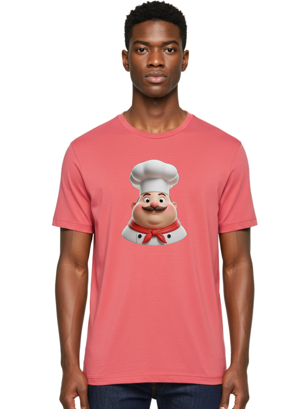 Chef Men'S Graphic Tee, 100% Cotton, Comfortable Casual Summer Wear, Machine Washable, Cartoon Chef, Smiling Man, Mustache, White Hat, Red Scarf, Chef'S Uniform, Cooking, Culinary Arts, Kitchen, Food Preparation Bac844