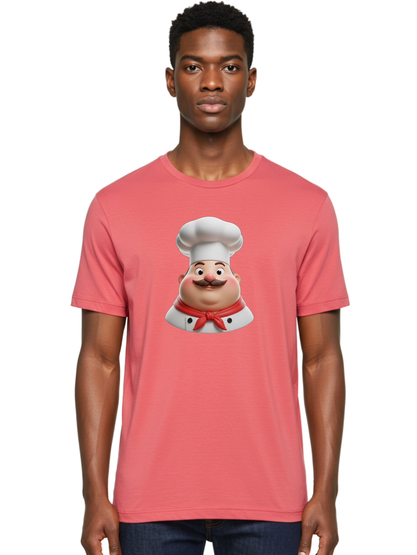 Chef Men'S Graphic Tee, 100% Cotton, Comfortable Casual Summer Wear, Machine Washable, Cartoon Chef, Smiling Man, Mustache, White Hat, Red Scarf, Chef'S Uniform, Cooking, Culinary Arts, Kitchen, Food Preparation Bac844