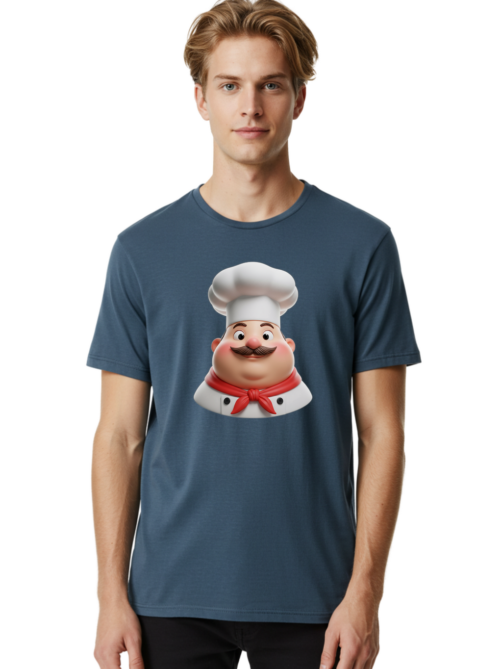 Chef Men'S Graphic Tee, 100% Cotton, Comfortable Casual Summer Wear, Machine Washable, Cartoon Chef, Smiling Man, Mustache, White Hat, Red Scarf, Chef'S Uniform, Cooking, Culinary Arts, Kitchen, Food Preparation Bac844