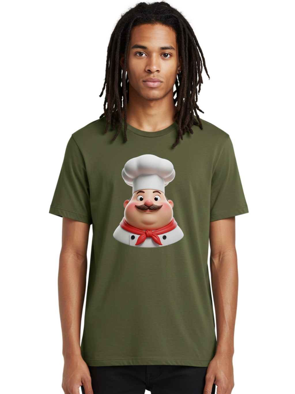 Chef Men'S Graphic Tee, 100% Cotton, Comfortable Casual Summer Wear, Machine Washable, Cartoon Chef, Smiling Man, Mustache, White Hat, Red Scarf, Chef'S Uniform, Cooking, Culinary Arts, Kitchen, Food Preparation Bac844