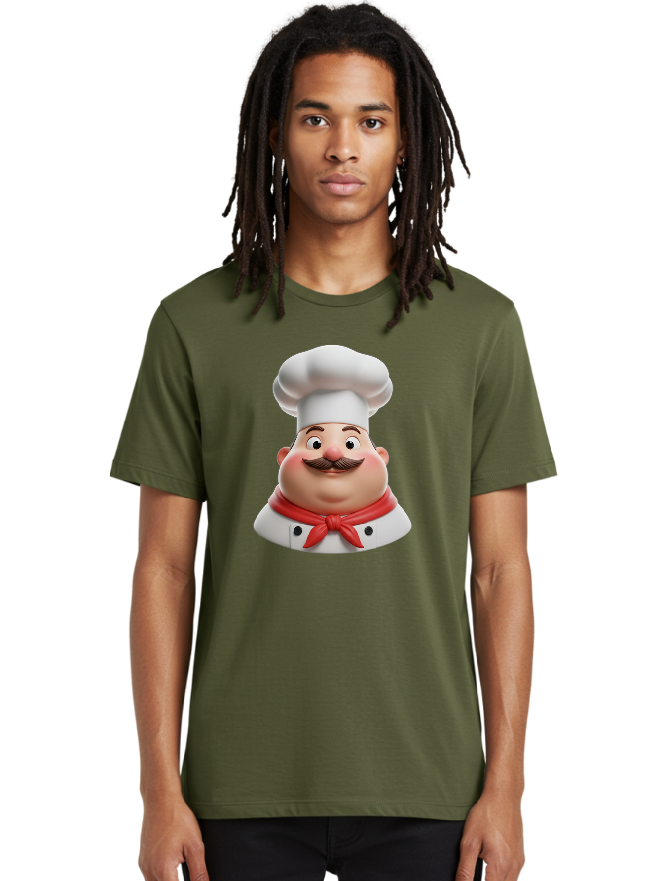 Chef Men'S Graphic Tee, 100% Cotton, Comfortable Casual Summer Wear, Machine Washable, Cartoon Chef, Smiling Man, Mustache, White Hat, Red Scarf, Chef'S Uniform, Cooking, Culinary Arts, Kitchen, Food Preparation Bac844