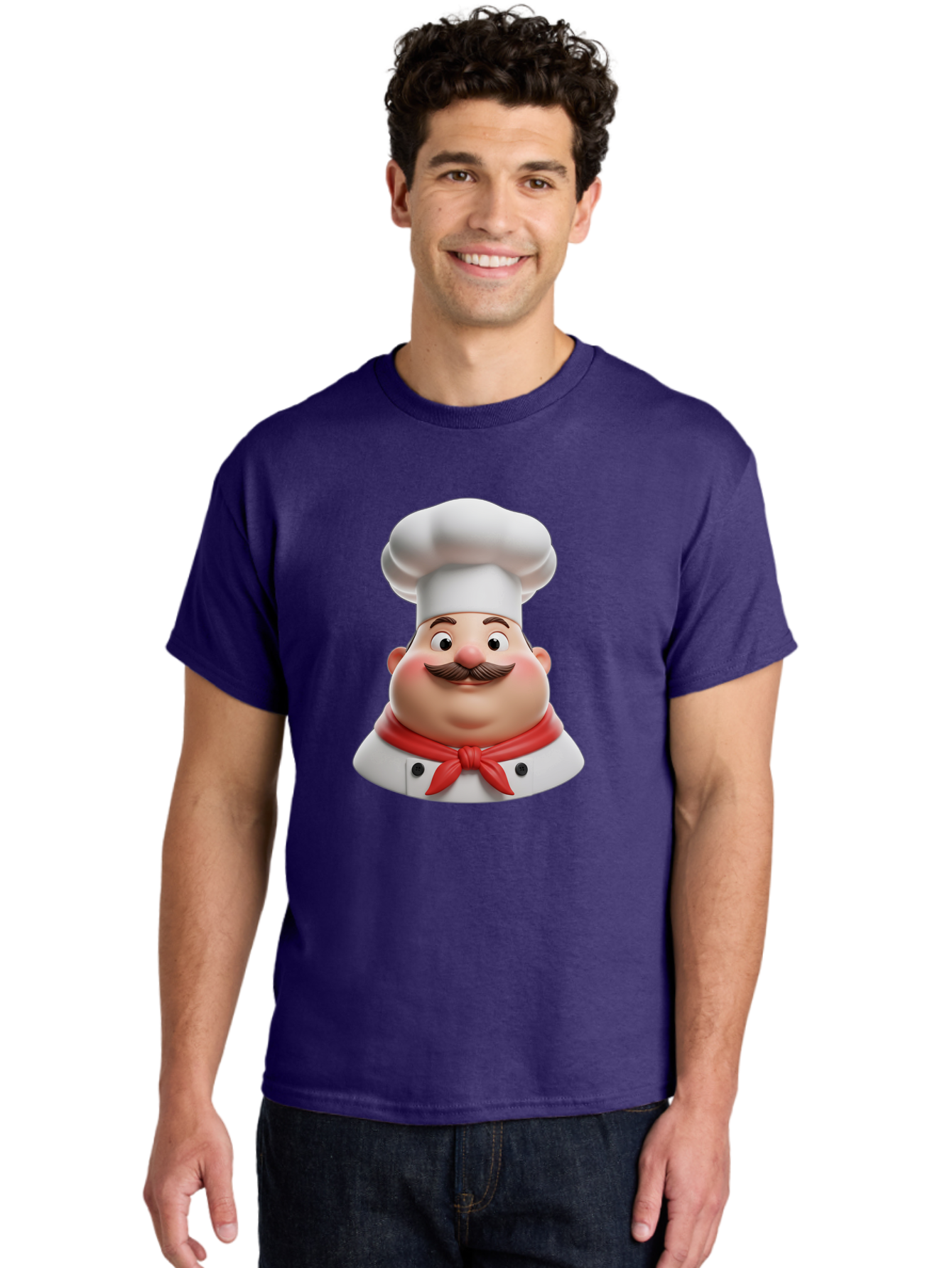 Chef Men'S Graphic Tee, 100% Cotton, Comfortable Casual Summer Wear, Machine Washable, Cartoon Chef, Smiling Man, Mustache, White Hat, Red Scarf, Chef'S Uniform, Cooking, Culinary Arts, Kitchen, Food Preparation Bac844