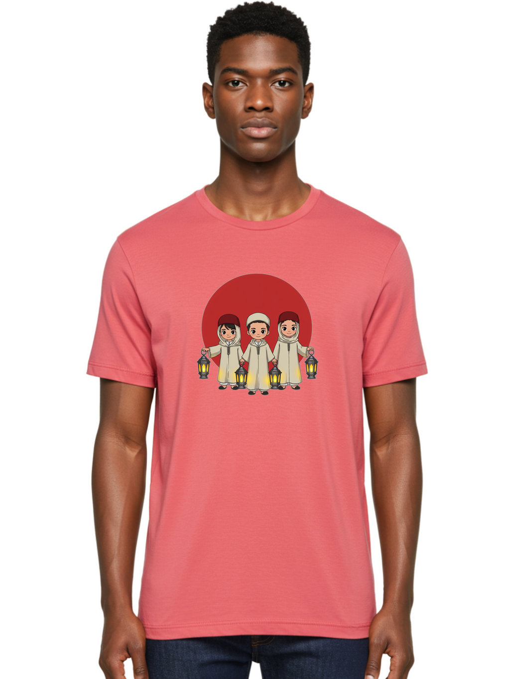 Children-With-Lanterns-1 Men'S Graphic Tee, 100% Cotton, Comfortable Casual Summer Wear, Machine Washable, Children In Traditional Clothing, Holding Lanterns, Ramadan Celebration, Islamic Culture, Festive Atmosphere, Happy Kids, Bac845