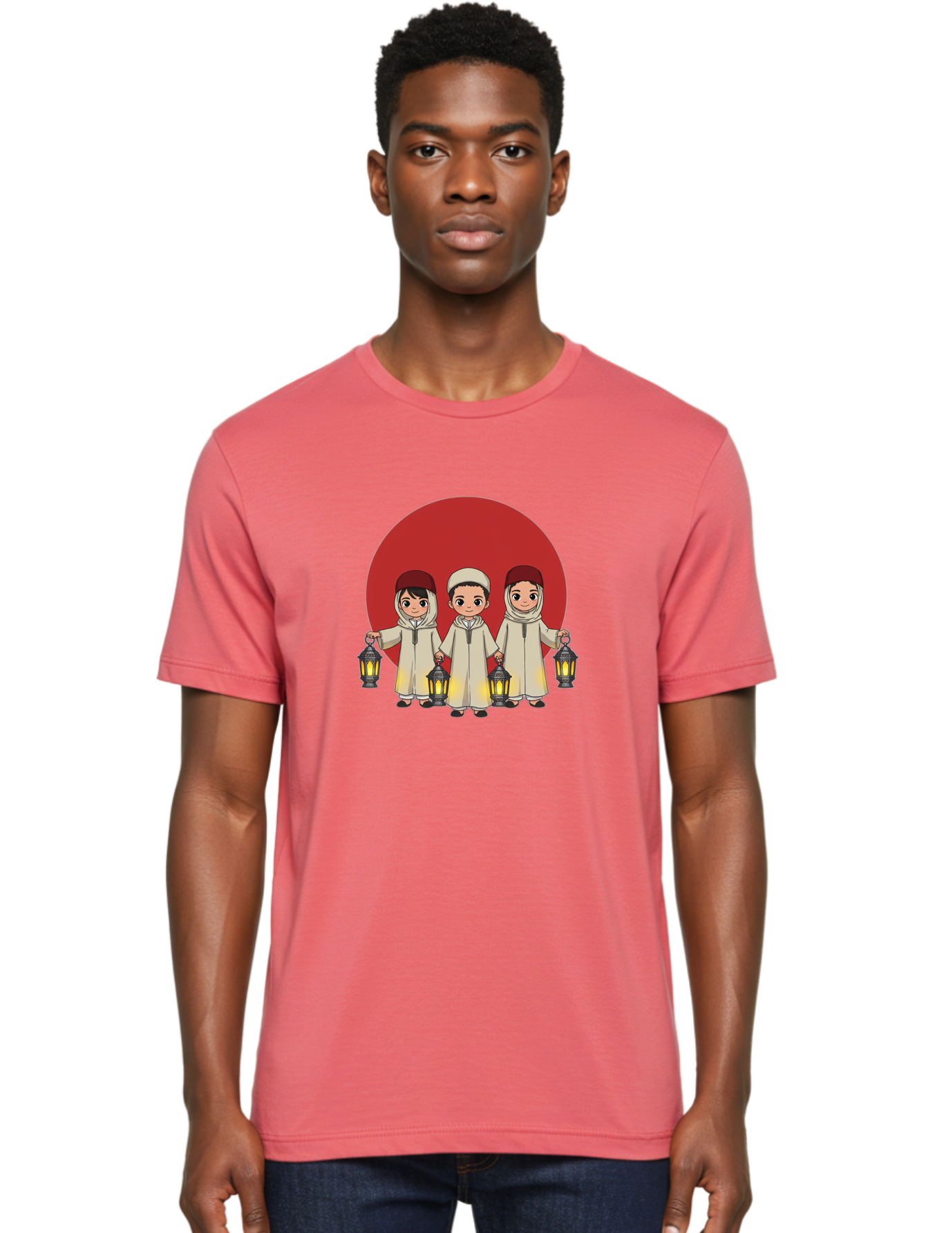 Children-With-Lanterns-1 Men'S Graphic Tee, 100% Cotton, Comfortable Casual Summer Wear, Machine Washable, Children In Traditional Clothing, Holding Lanterns, Ramadan Celebration, Islamic Culture, Festive Atmosphere, Happy Kids, Bac845