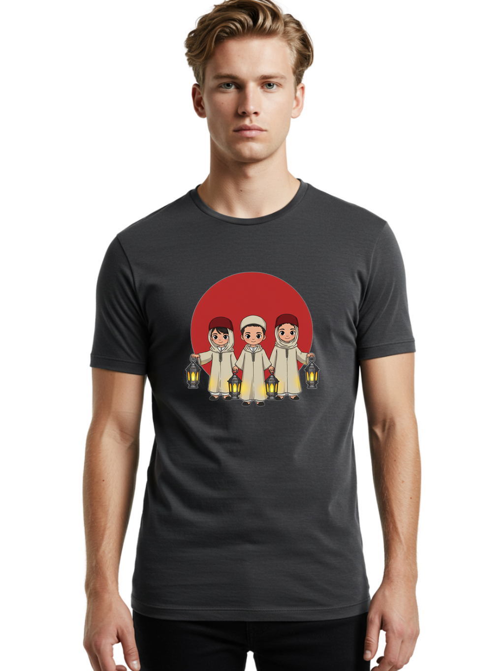 Children-With-Lanterns-1 Men'S Graphic Tee, 100% Cotton, Comfortable Casual Summer Wear, Machine Washable, Children In Traditional Clothing, Holding Lanterns, Ramadan Celebration, Islamic Culture, Festive Atmosphere, Happy Kids, Bac845