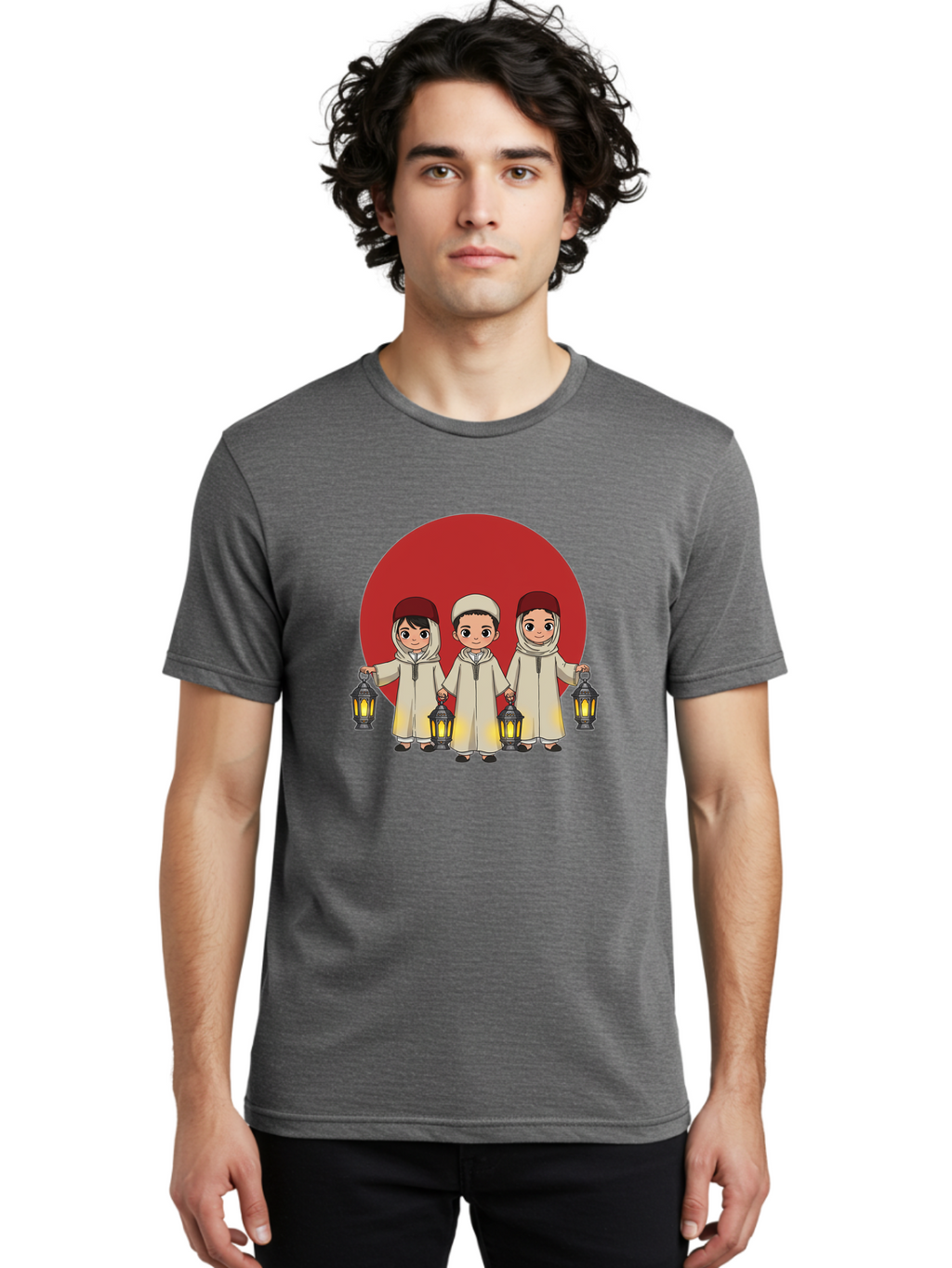 Children-With-Lanterns-1 Men'S Graphic Tee, 100% Cotton, Comfortable Casual Summer Wear, Machine Washable, Children In Traditional Clothing, Holding Lanterns, Ramadan Celebration, Islamic Culture, Festive Atmosphere, Happy Kids, Bac845