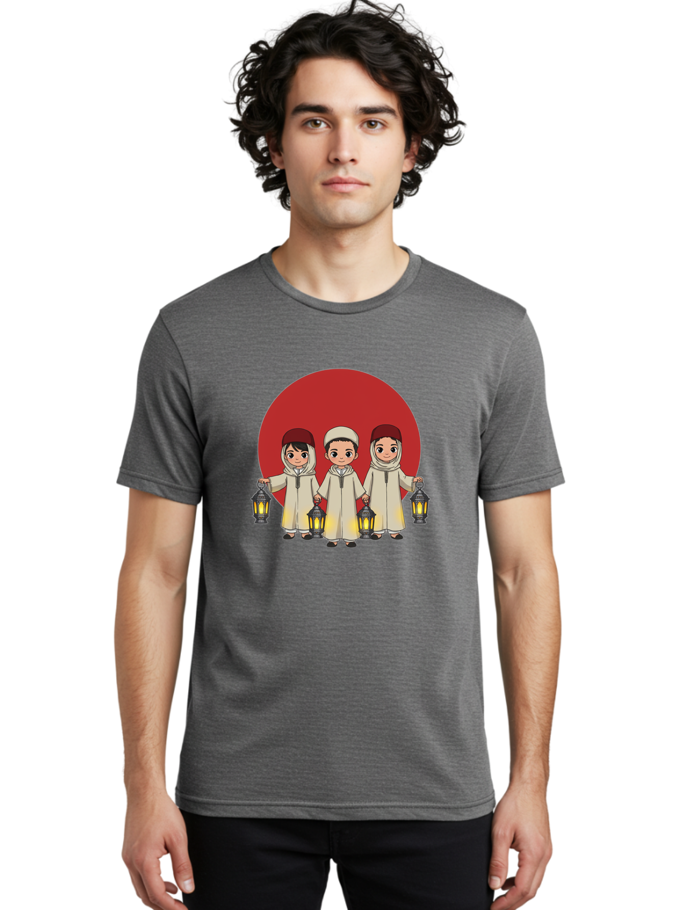 Children-With-Lanterns-1 Men'S Graphic Tee, 100% Cotton, Comfortable Casual Summer Wear, Machine Washable, Children In Traditional Clothing, Holding Lanterns, Ramadan Celebration, Islamic Culture, Festive Atmosphere, Happy Kids, Bac845
