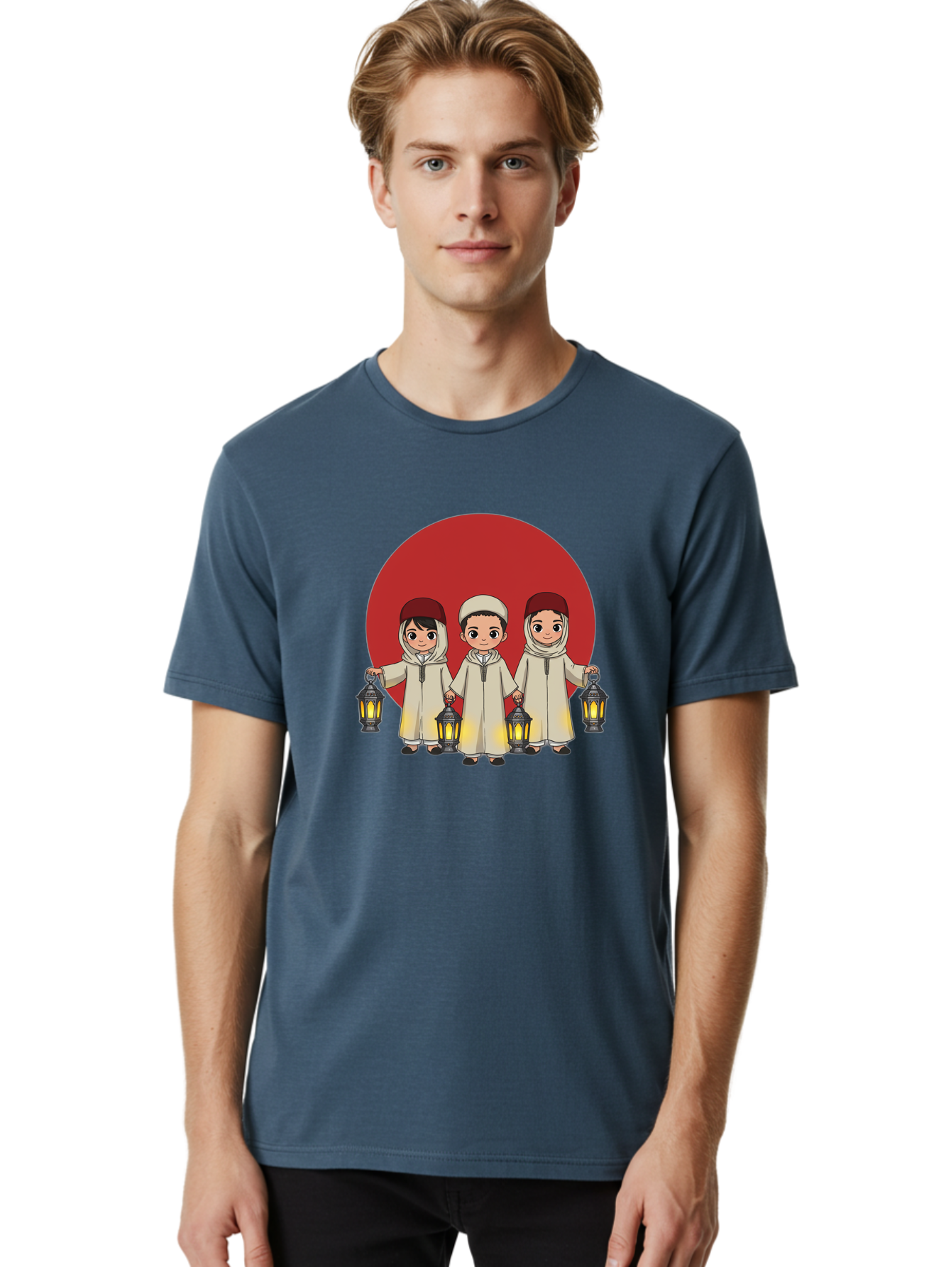Children-With-Lanterns-1 Men'S Graphic Tee, 100% Cotton, Comfortable Casual Summer Wear, Machine Washable, Children In Traditional Clothing, Holding Lanterns, Ramadan Celebration, Islamic Culture, Festive Atmosphere, Happy Kids, Bac845