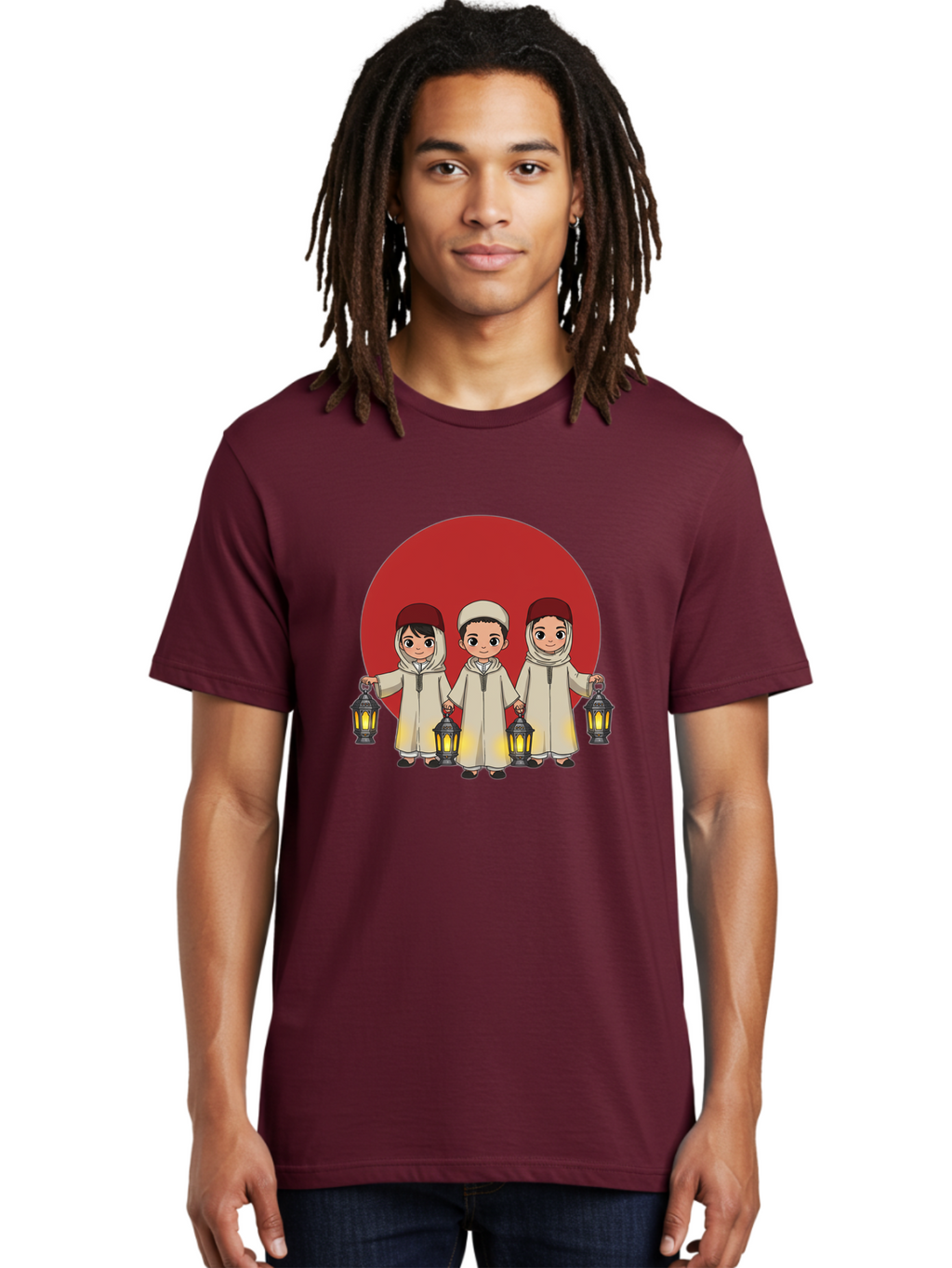 Children-With-Lanterns-1 Men'S Graphic Tee, 100% Cotton, Comfortable Casual Summer Wear, Machine Washable, Children In Traditional Clothing, Holding Lanterns, Ramadan Celebration, Islamic Culture, Festive Atmosphere, Happy Kids, Bac845