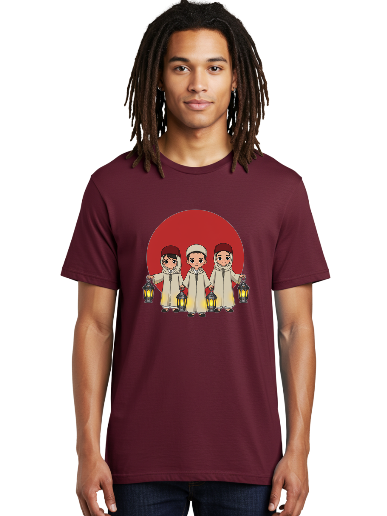 Children-With-Lanterns-1 Men'S Graphic Tee, 100% Cotton, Comfortable Casual Summer Wear, Machine Washable, Children In Traditional Clothing, Holding Lanterns, Ramadan Celebration, Islamic Culture, Festive Atmosphere, Happy Kids, Bac845