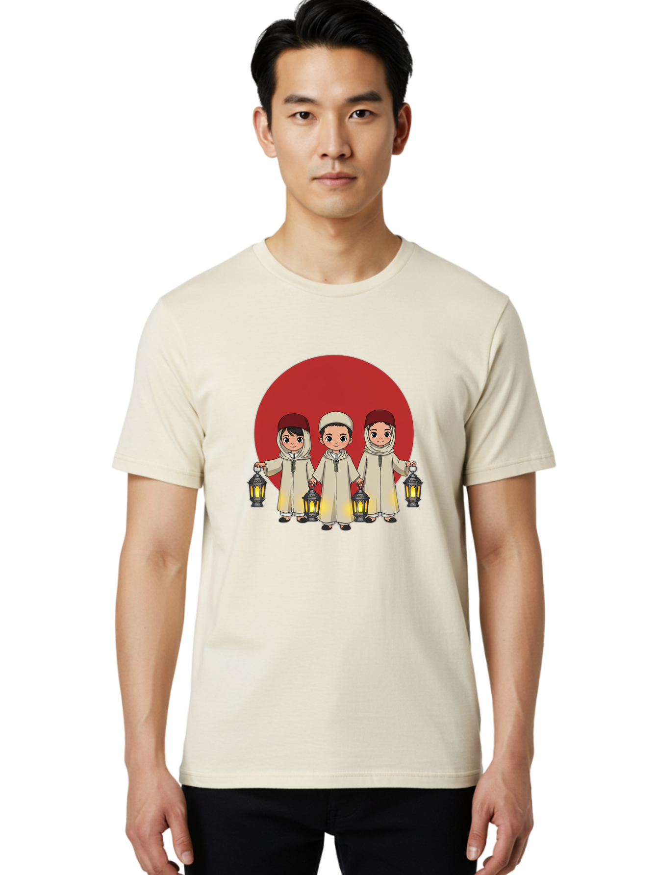 Children-With-Lanterns-1 Men'S Graphic Tee, 100% Cotton, Comfortable Casual Summer Wear, Machine Washable, Children In Traditional Clothing, Holding Lanterns, Ramadan Celebration, Islamic Culture, Festive Atmosphere, Happy Kids, Bac845