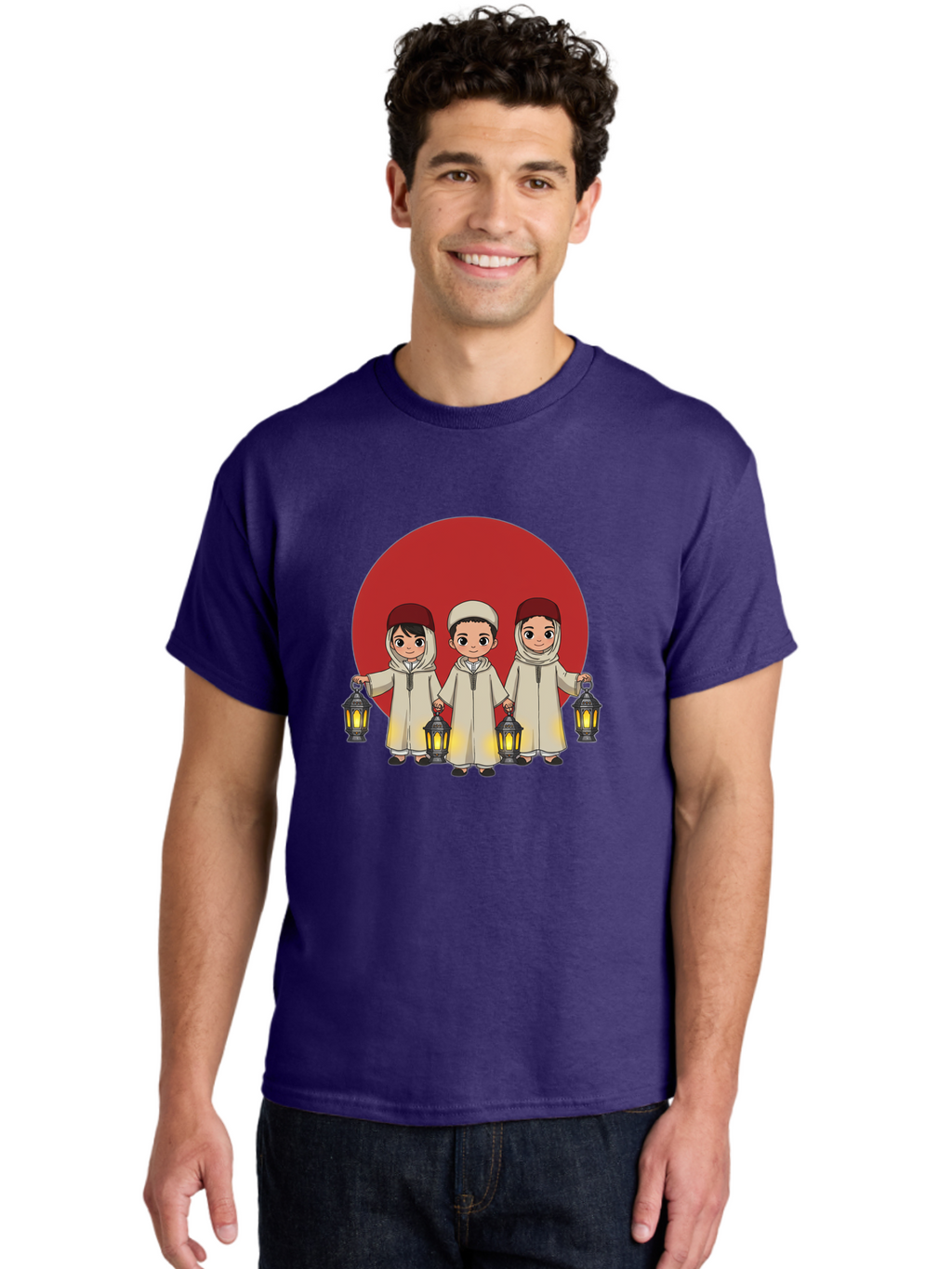 Children-With-Lanterns-1 Men'S Graphic Tee, 100% Cotton, Comfortable Casual Summer Wear, Machine Washable, Children In Traditional Clothing, Holding Lanterns, Ramadan Celebration, Islamic Culture, Festive Atmosphere, Happy Kids, Bac845
