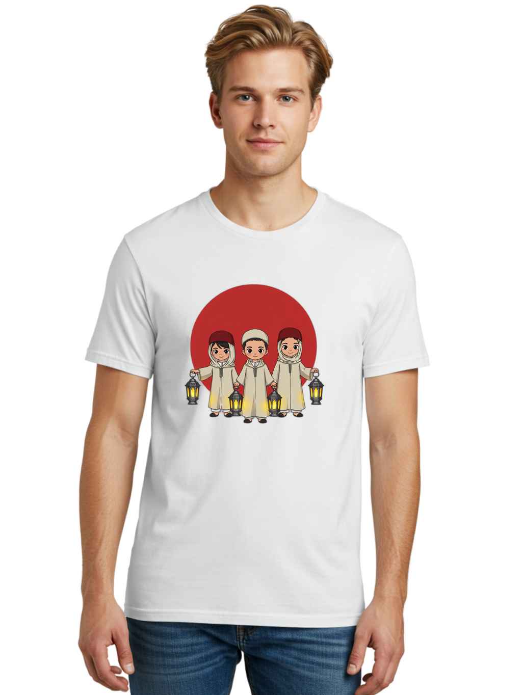 Children-With-Lanterns-1 Men'S Graphic Tee, 100% Cotton, Comfortable Casual Summer Wear, Machine Washable, Children In Traditional Clothing, Holding Lanterns, Ramadan Celebration, Islamic Culture, Festive Atmosphere, Happy Kids, Bac845
