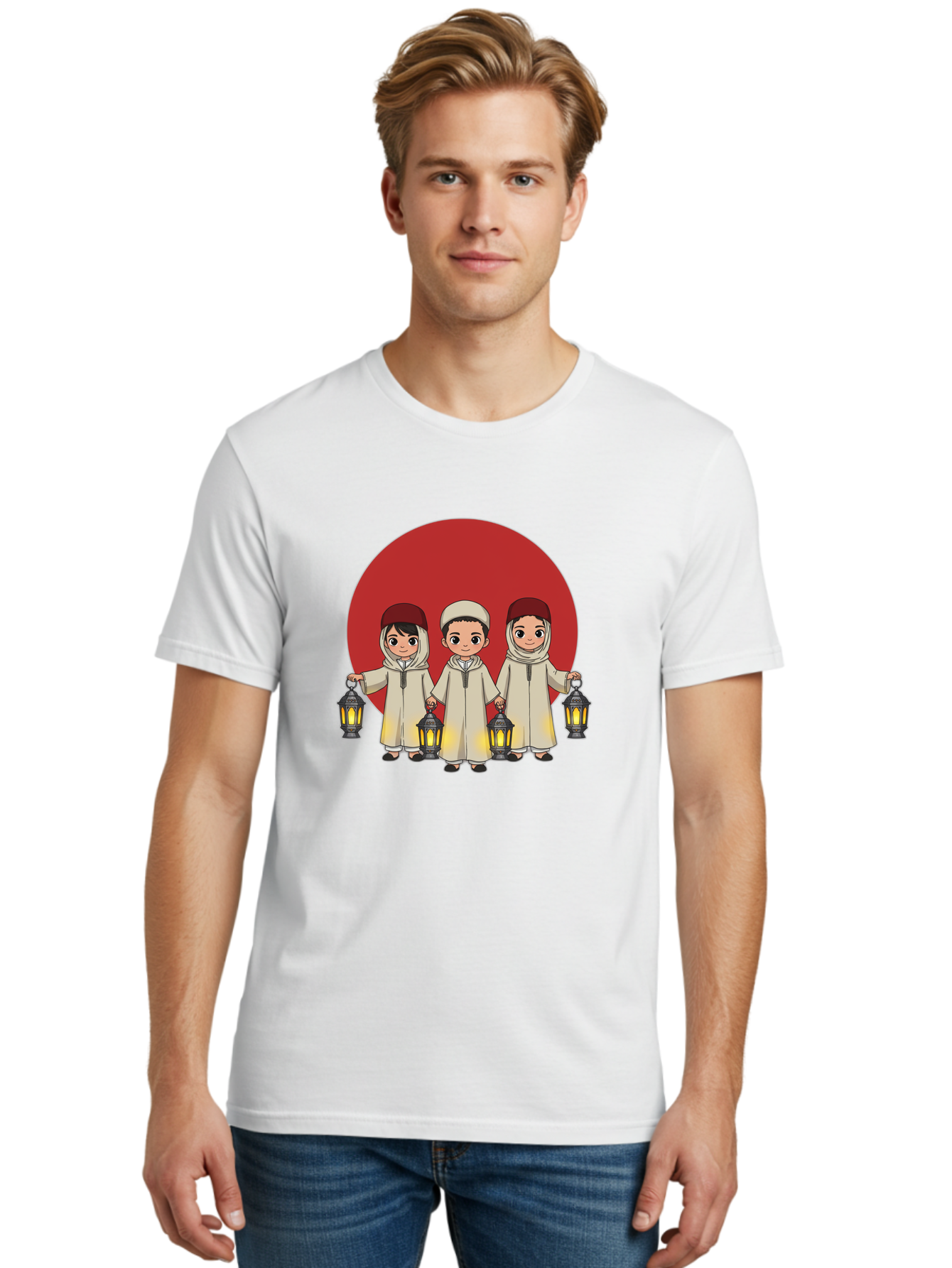 Children-With-Lanterns-1 Men'S Graphic Tee, 100% Cotton, Comfortable Casual Summer Wear, Machine Washable, Children In Traditional Clothing, Holding Lanterns, Ramadan Celebration, Islamic Culture, Festive Atmosphere, Happy Kids, Bac845