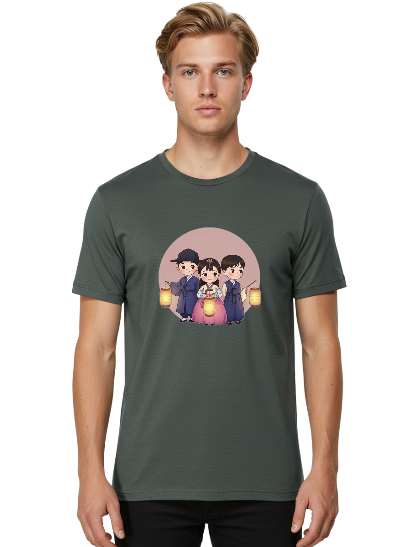 Children-With-Lanterns Men'S Graphic Tee, 100% Cotton, Comfortable Casual Summer Wear, Machine Washable, Traditional Korean Clothing, Hanbok, Children Holding Lanterns, Festive Atmosphere, Cultural Heritage, Korean Folklore, Bac846