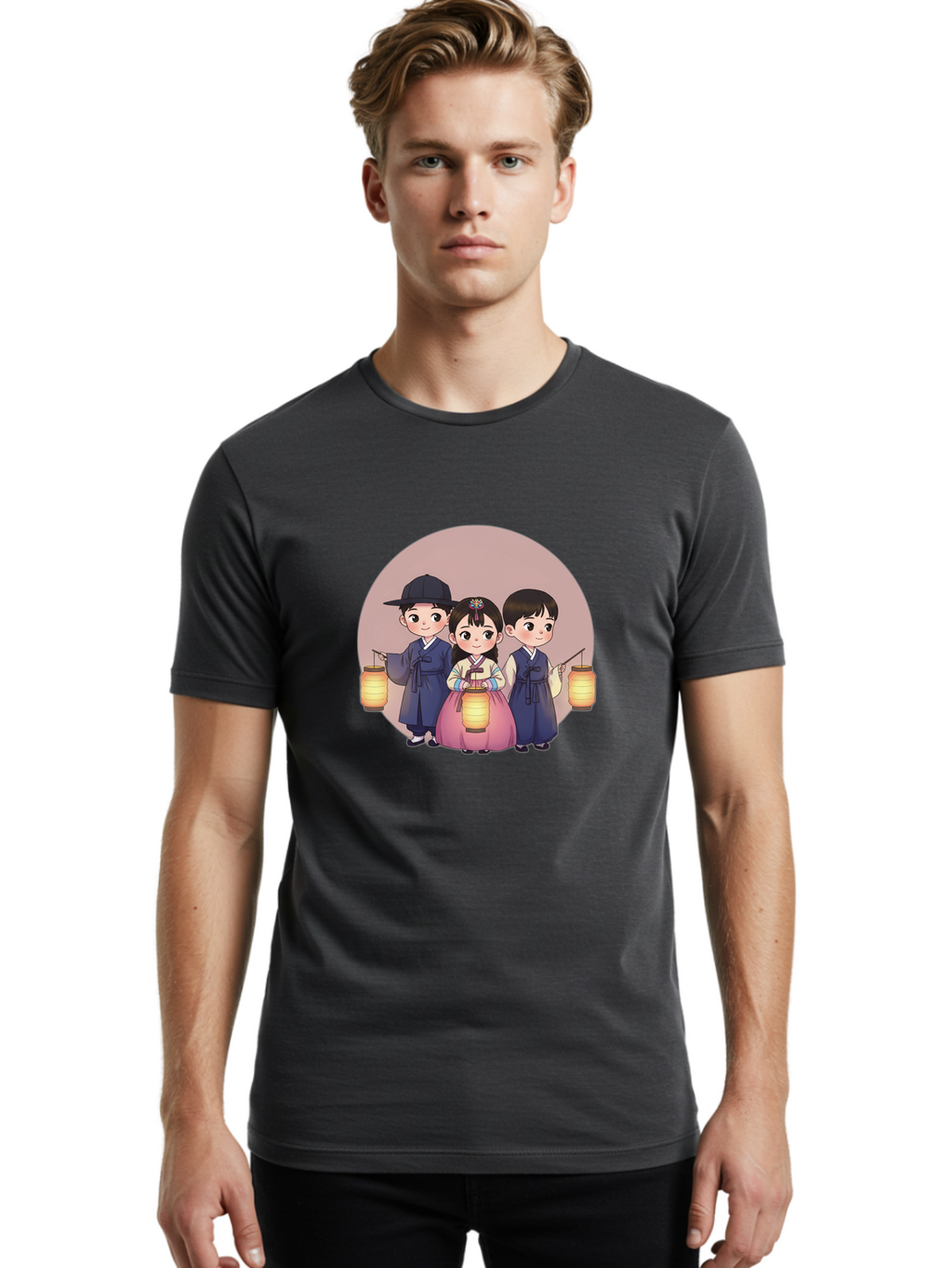 Children-With-Lanterns Men'S Graphic Tee, 100% Cotton, Comfortable Casual Summer Wear, Machine Washable, Traditional Korean Clothing, Hanbok, Children Holding Lanterns, Festive Atmosphere, Cultural Heritage, Korean Folklore, Bac846