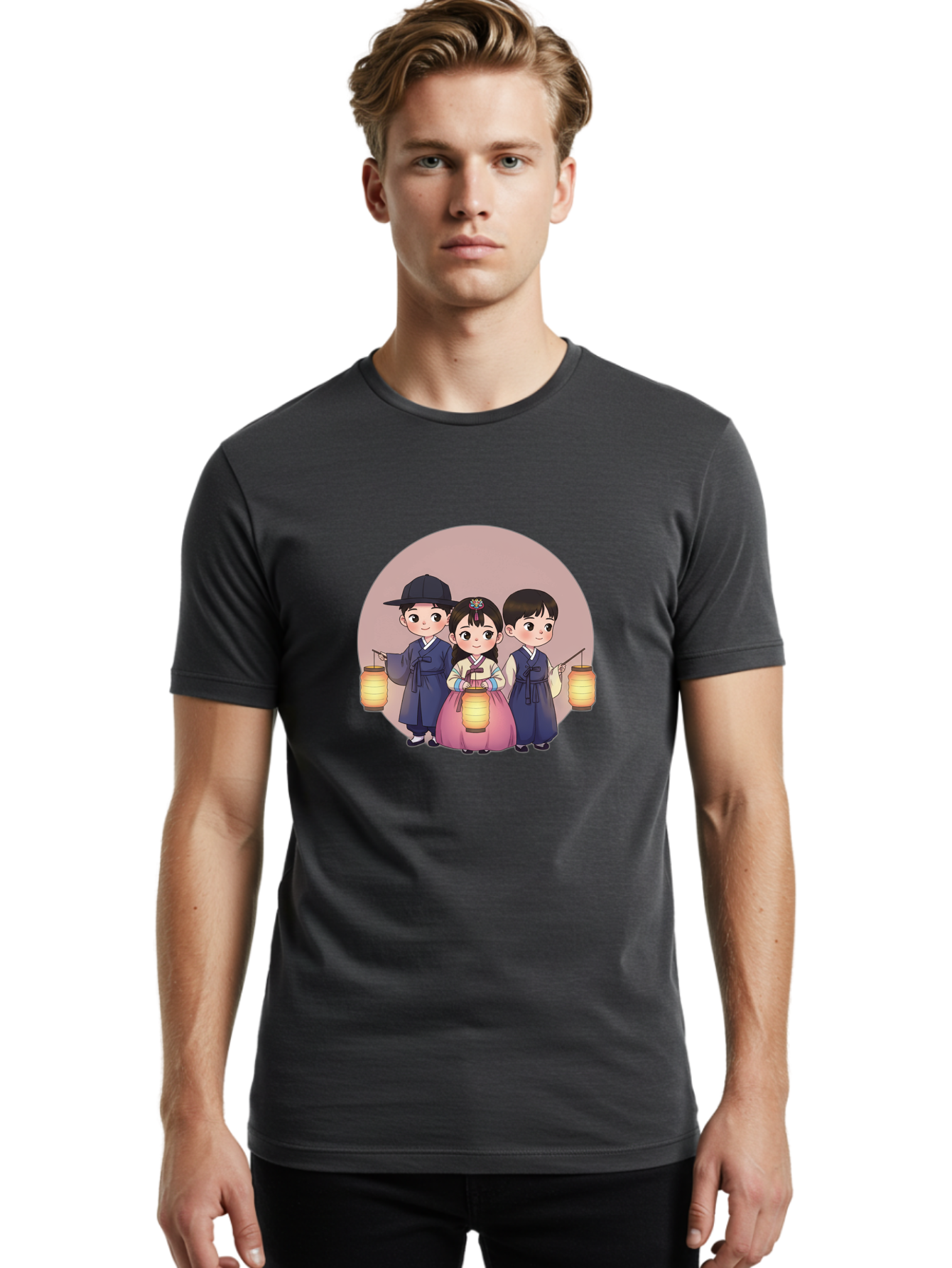 Children-With-Lanterns Men'S Graphic Tee, 100% Cotton, Comfortable Casual Summer Wear, Machine Washable, Traditional Korean Clothing, Hanbok, Children Holding Lanterns, Festive Atmosphere, Cultural Heritage, Korean Folklore, Bac846