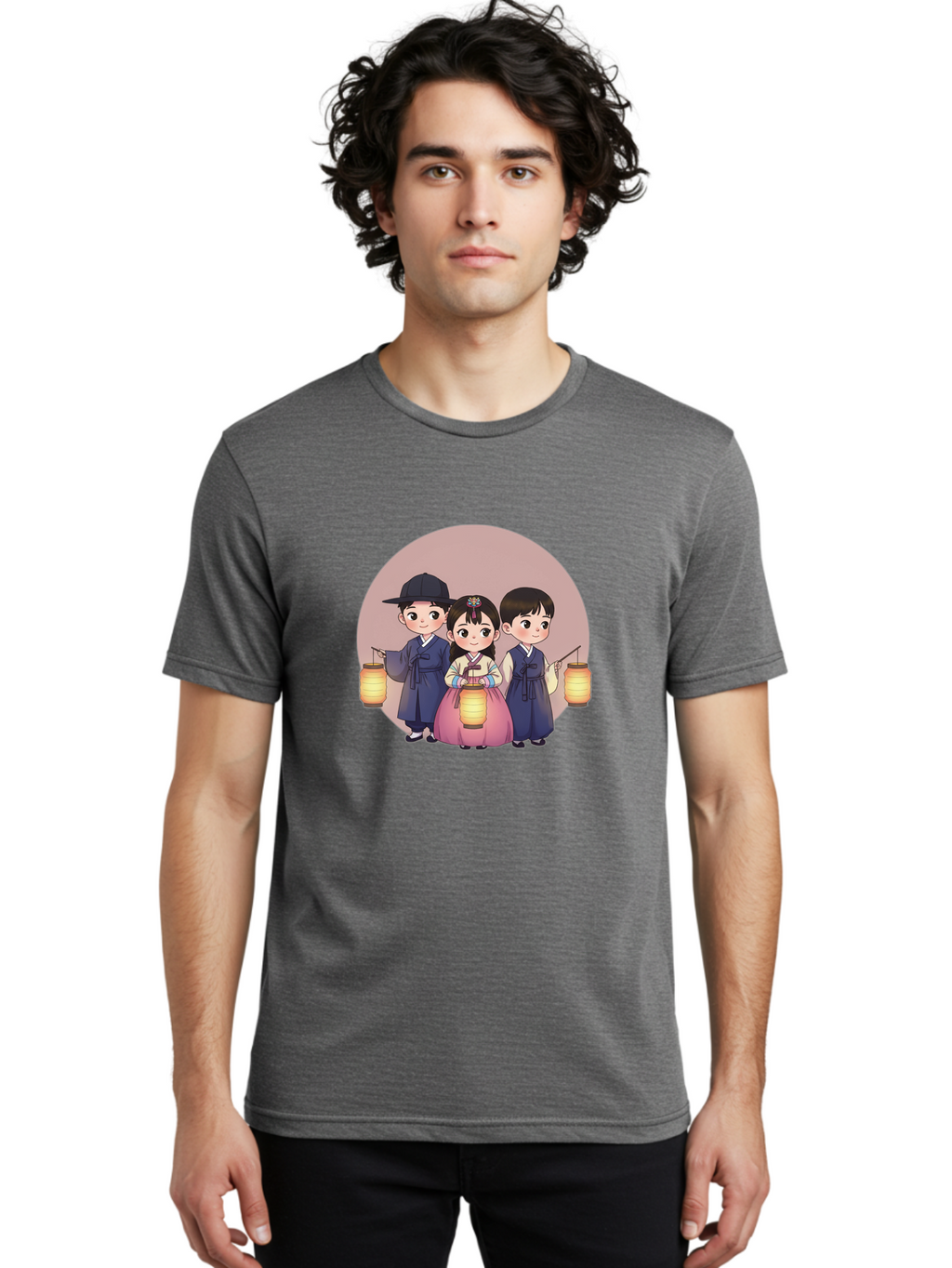 Children-With-Lanterns Men'S Graphic Tee, 100% Cotton, Comfortable Casual Summer Wear, Machine Washable, Traditional Korean Clothing, Hanbok, Children Holding Lanterns, Festive Atmosphere, Cultural Heritage, Korean Folklore, Bac846