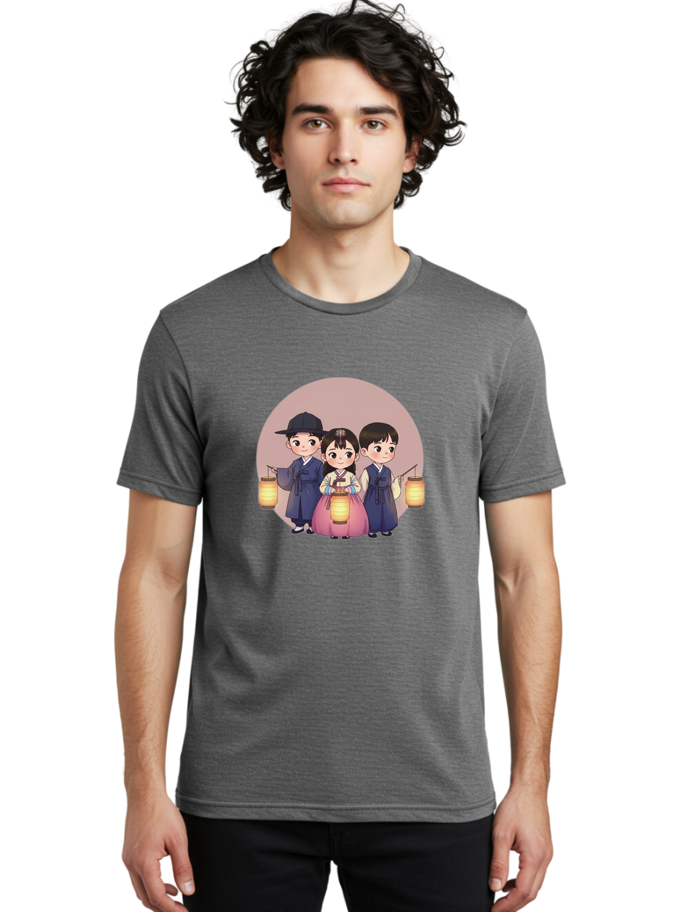 Children-With-Lanterns Men'S Graphic Tee, 100% Cotton, Comfortable Casual Summer Wear, Machine Washable, Traditional Korean Clothing, Hanbok, Children Holding Lanterns, Festive Atmosphere, Cultural Heritage, Korean Folklore, Bac846