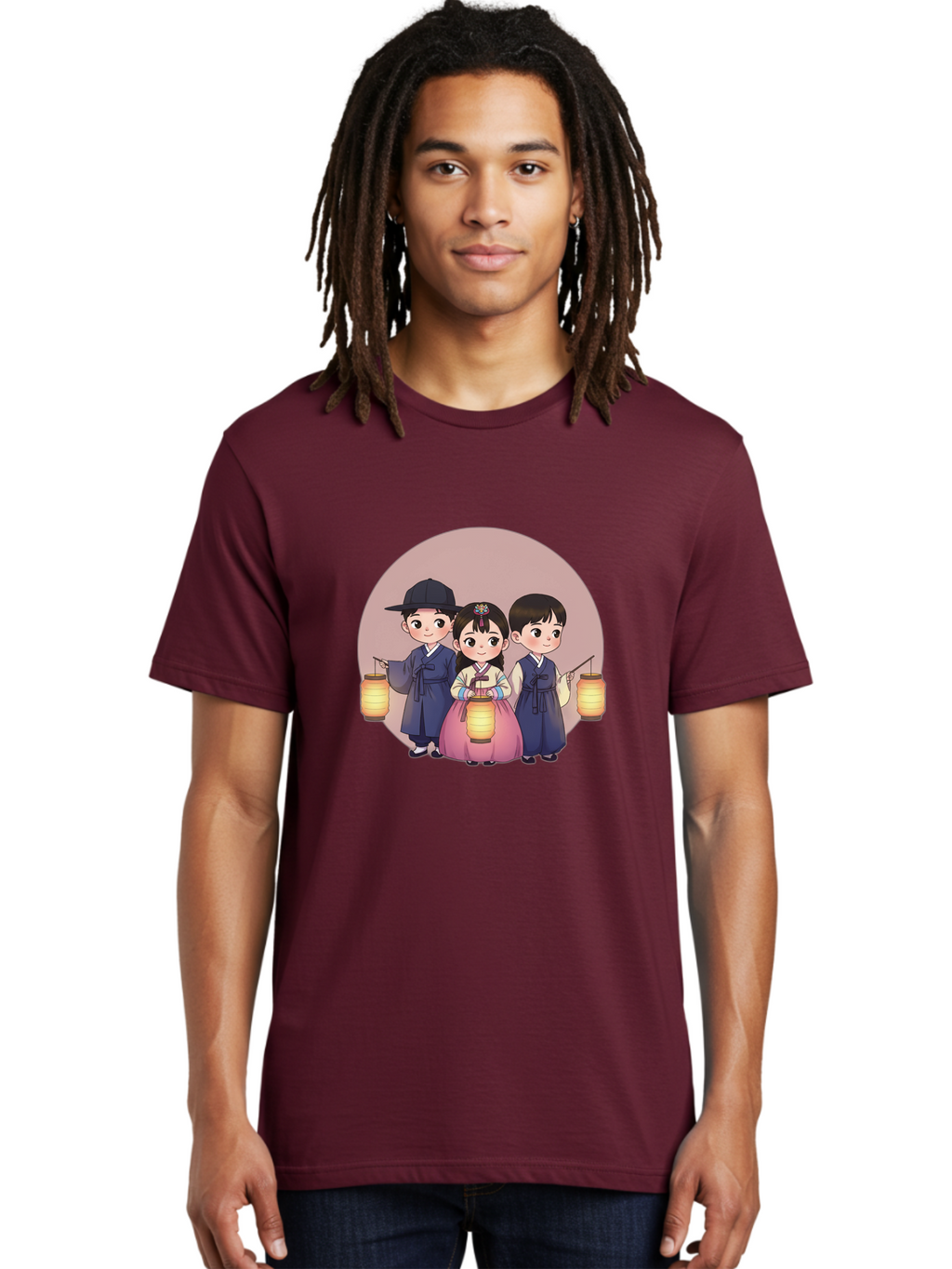 Children-With-Lanterns Men'S Graphic Tee, 100% Cotton, Comfortable Casual Summer Wear, Machine Washable, Traditional Korean Clothing, Hanbok, Children Holding Lanterns, Festive Atmosphere, Cultural Heritage, Korean Folklore, Bac846