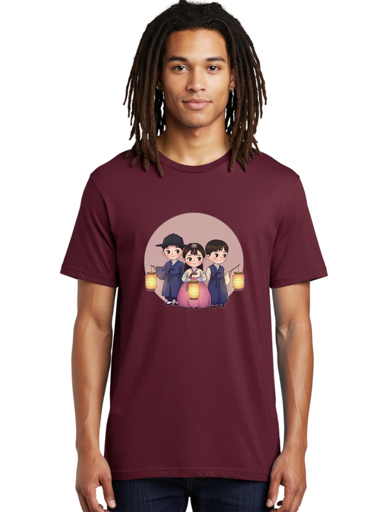 Children-With-Lanterns Men'S Graphic Tee, 100% Cotton, Comfortable Casual Summer Wear, Machine Washable, Traditional Korean Clothing, Hanbok, Children Holding Lanterns, Festive Atmosphere, Cultural Heritage, Korean Folklore, Bac846