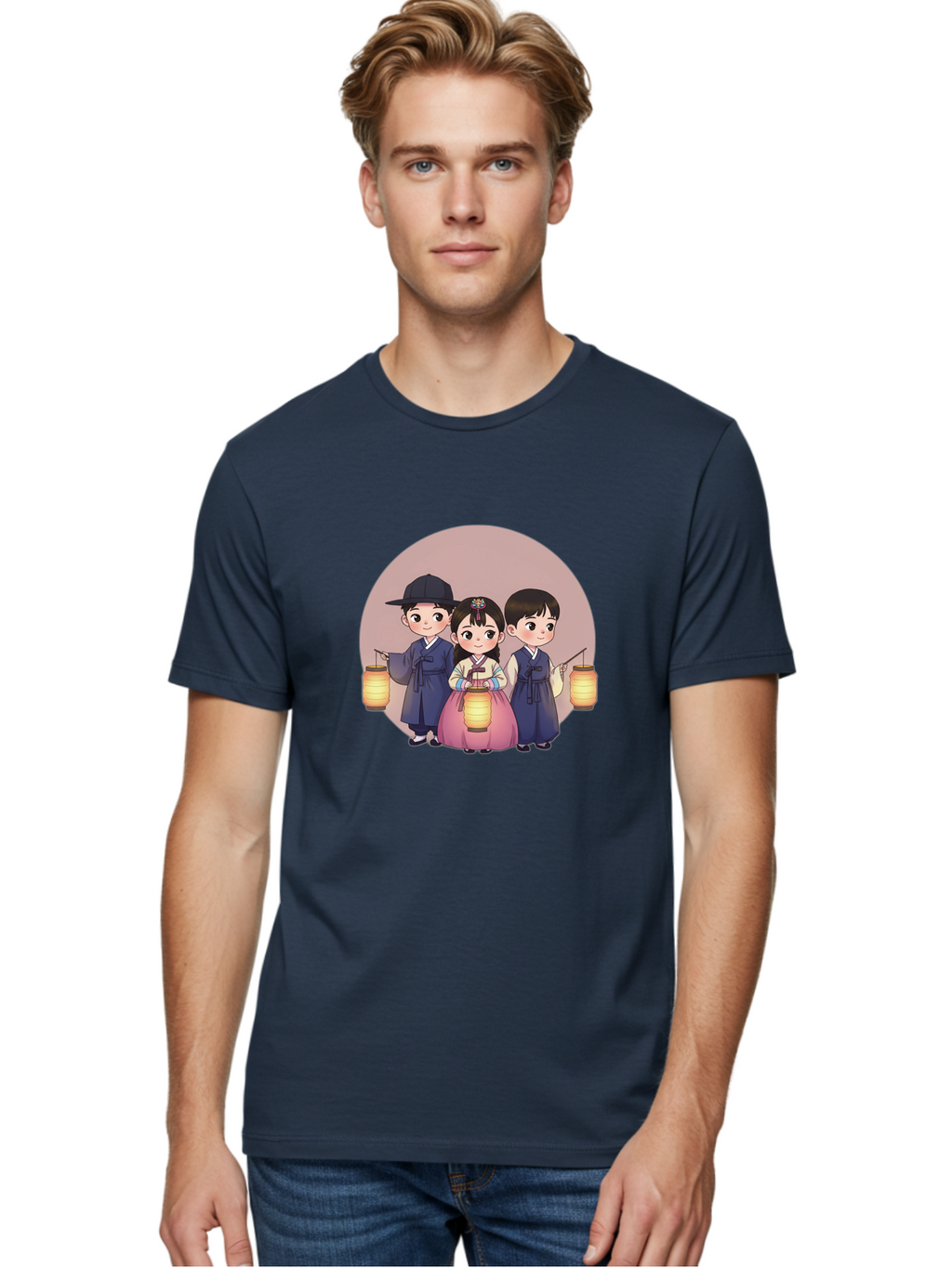 Children-With-Lanterns Men'S Graphic Tee, 100% Cotton, Comfortable Casual Summer Wear, Machine Washable, Traditional Korean Clothing, Hanbok, Children Holding Lanterns, Festive Atmosphere, Cultural Heritage, Korean Folklore, Bac846