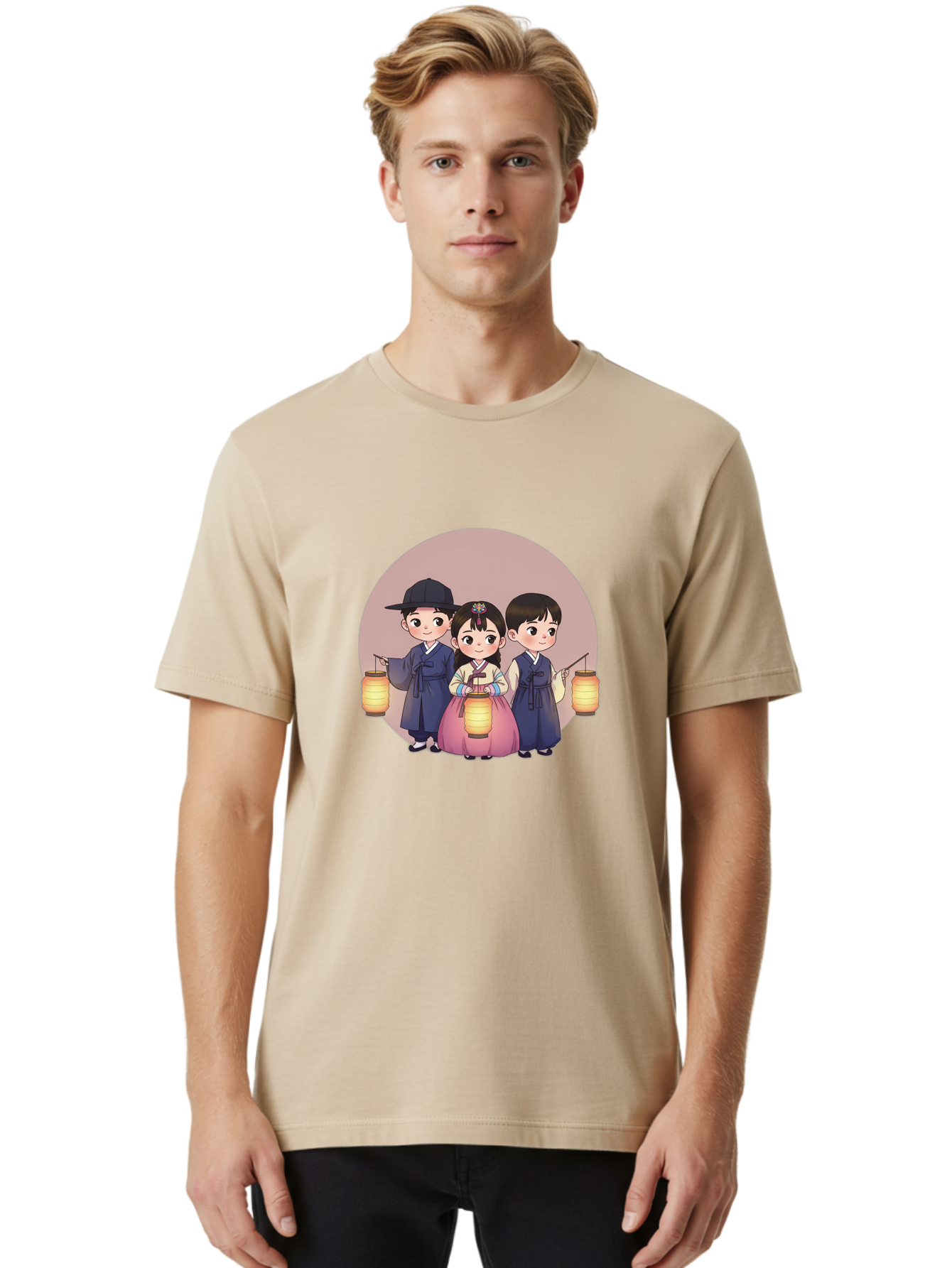 Children-With-Lanterns Men'S Graphic Tee, 100% Cotton, Comfortable Casual Summer Wear, Machine Washable, Traditional Korean Clothing, Hanbok, Children Holding Lanterns, Festive Atmosphere, Cultural Heritage, Korean Folklore, Bac846