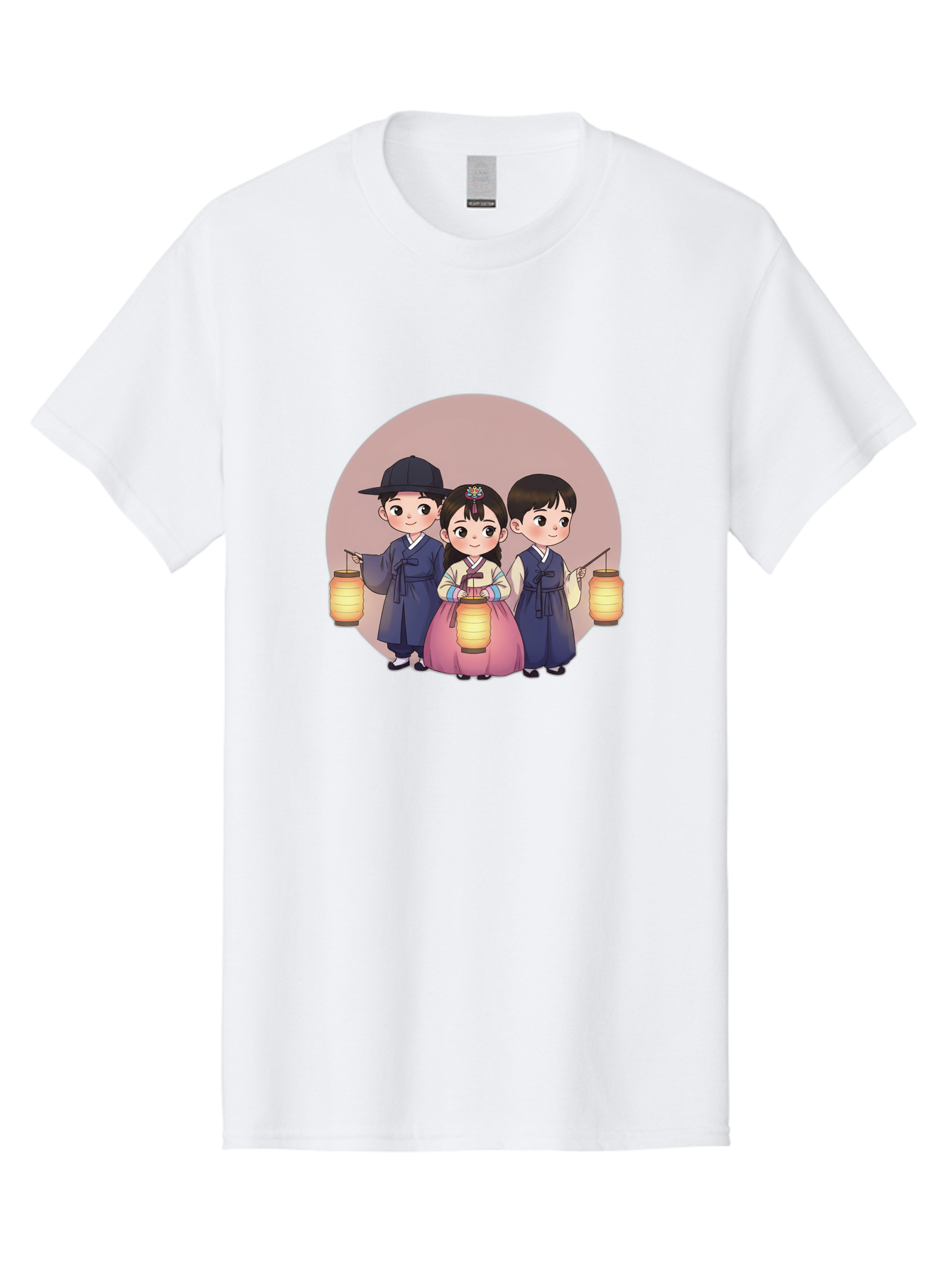 Children-With-Lanterns Men'S Graphic Tee, 100% Cotton, Comfortable Casual Summer Wear, Machine Washable, Traditional Korean Clothing, Hanbok, Children Holding Lanterns, Festive Atmosphere, Cultural Heritage, Korean Folklore, Bac846