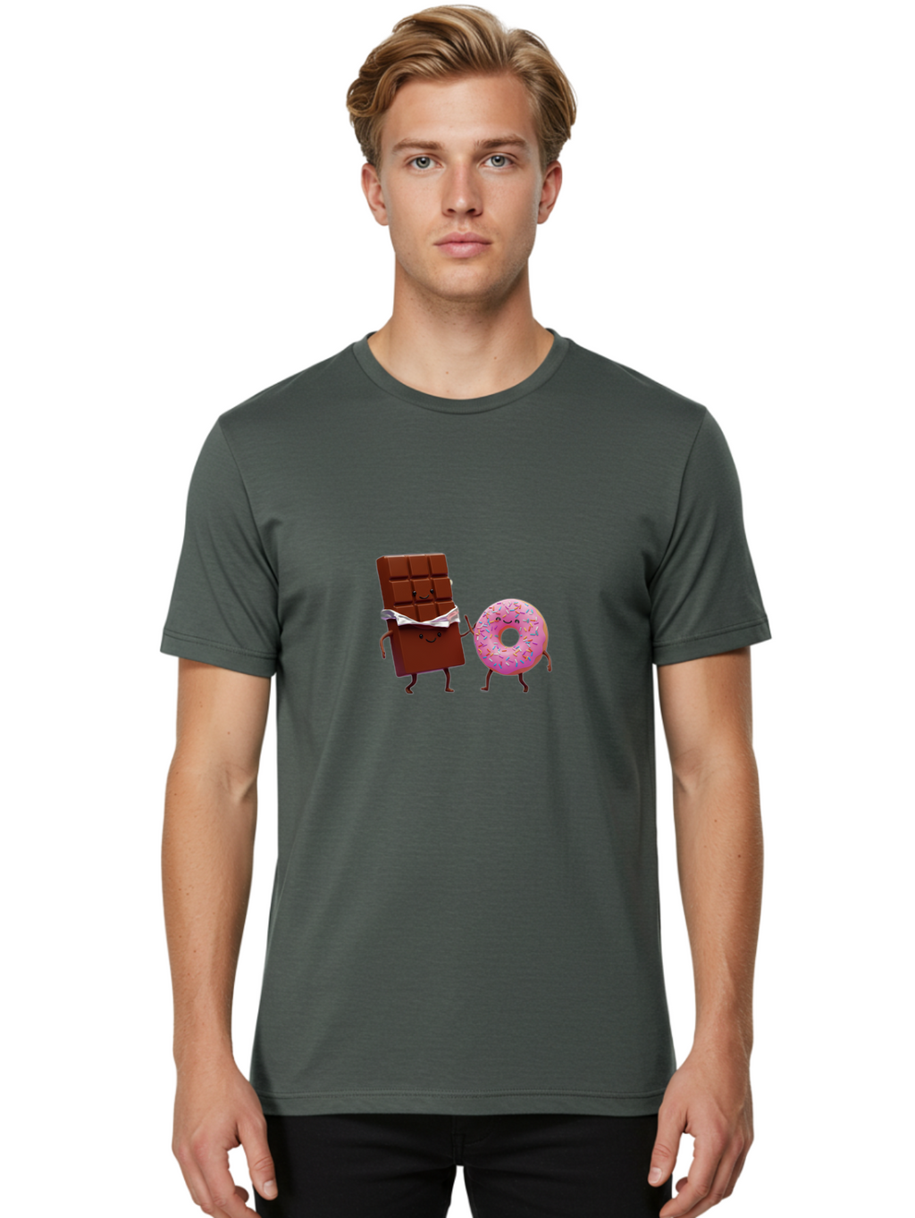 Chocolate-And-Donut Men'S Graphic Tee, 100% Cotton, Comfortable Casual Summer Wear, Machine Washable, Chocolate Bar, Donut With Sprinkles, Cartoon Characters, Sweet Treats, Dessert Lovers, Pastry, Baked Goods, Cute Graphic, Food Illustration Bac847