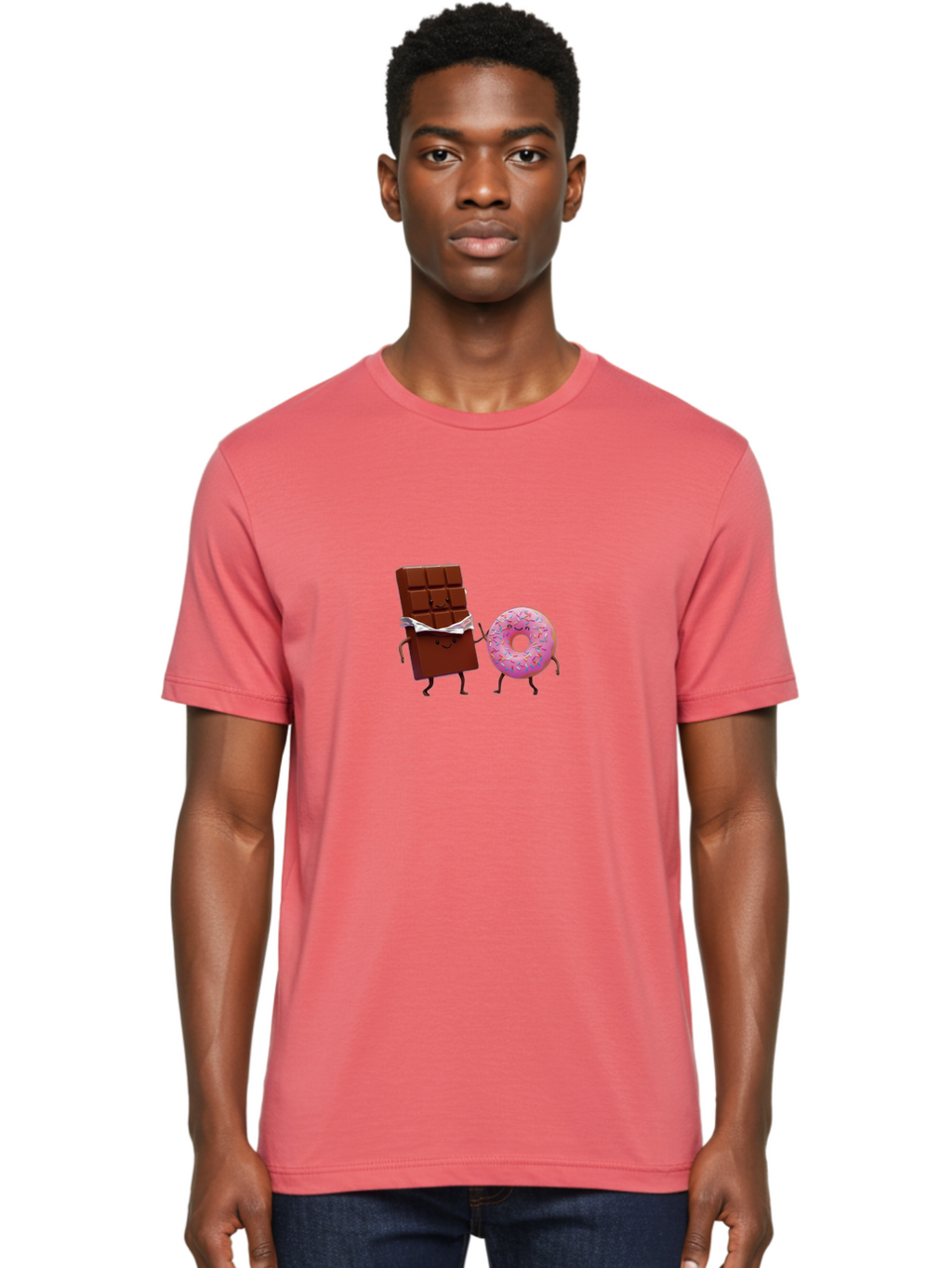 Chocolate-And-Donut Men'S Graphic Tee, 100% Cotton, Comfortable Casual Summer Wear, Machine Washable, Chocolate Bar, Donut With Sprinkles, Cartoon Characters, Sweet Treats, Dessert Lovers, Pastry, Baked Goods, Cute Graphic, Food Illustration Bac847
