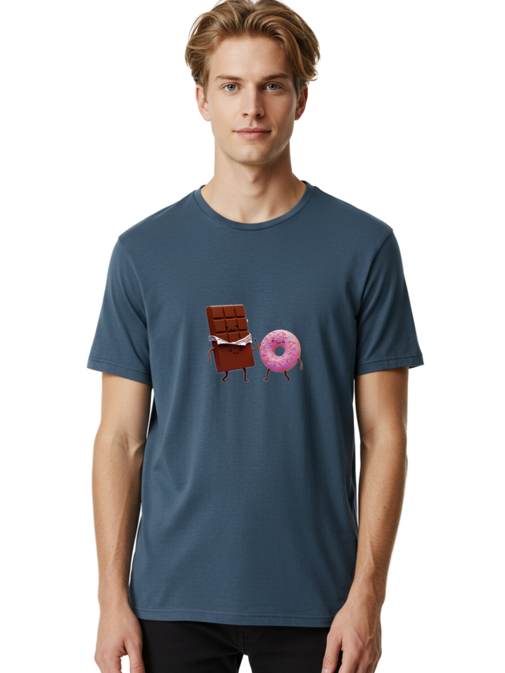 Chocolate-And-Donut Men'S Graphic Tee, 100% Cotton, Comfortable Casual Summer Wear, Machine Washable, Chocolate Bar, Donut With Sprinkles, Cartoon Characters, Sweet Treats, Dessert Lovers, Pastry, Baked Goods, Cute Graphic, Food Illustration Bac847