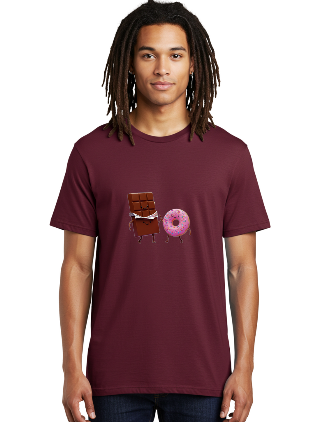 Chocolate-And-Donut Men'S Graphic Tee, 100% Cotton, Comfortable Casual Summer Wear, Machine Washable, Chocolate Bar, Donut With Sprinkles, Cartoon Characters, Sweet Treats, Dessert Lovers, Pastry, Baked Goods, Cute Graphic, Food Illustration Bac847