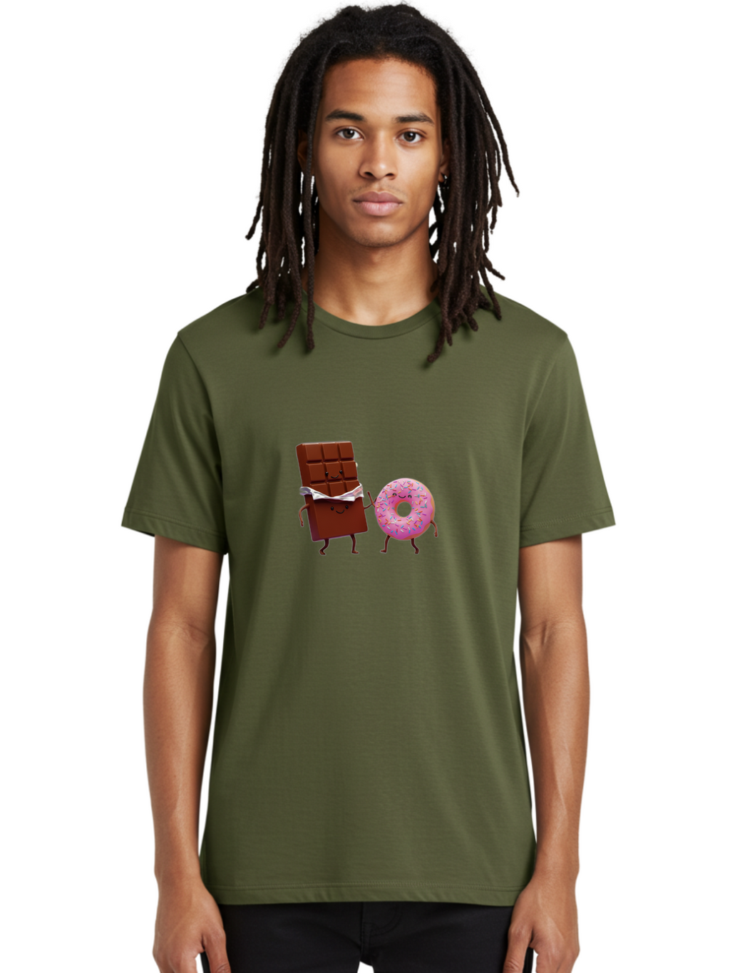 Chocolate-And-Donut Men'S Graphic Tee, 100% Cotton, Comfortable Casual Summer Wear, Machine Washable, Chocolate Bar, Donut With Sprinkles, Cartoon Characters, Sweet Treats, Dessert Lovers, Pastry, Baked Goods, Cute Graphic, Food Illustration Bac847