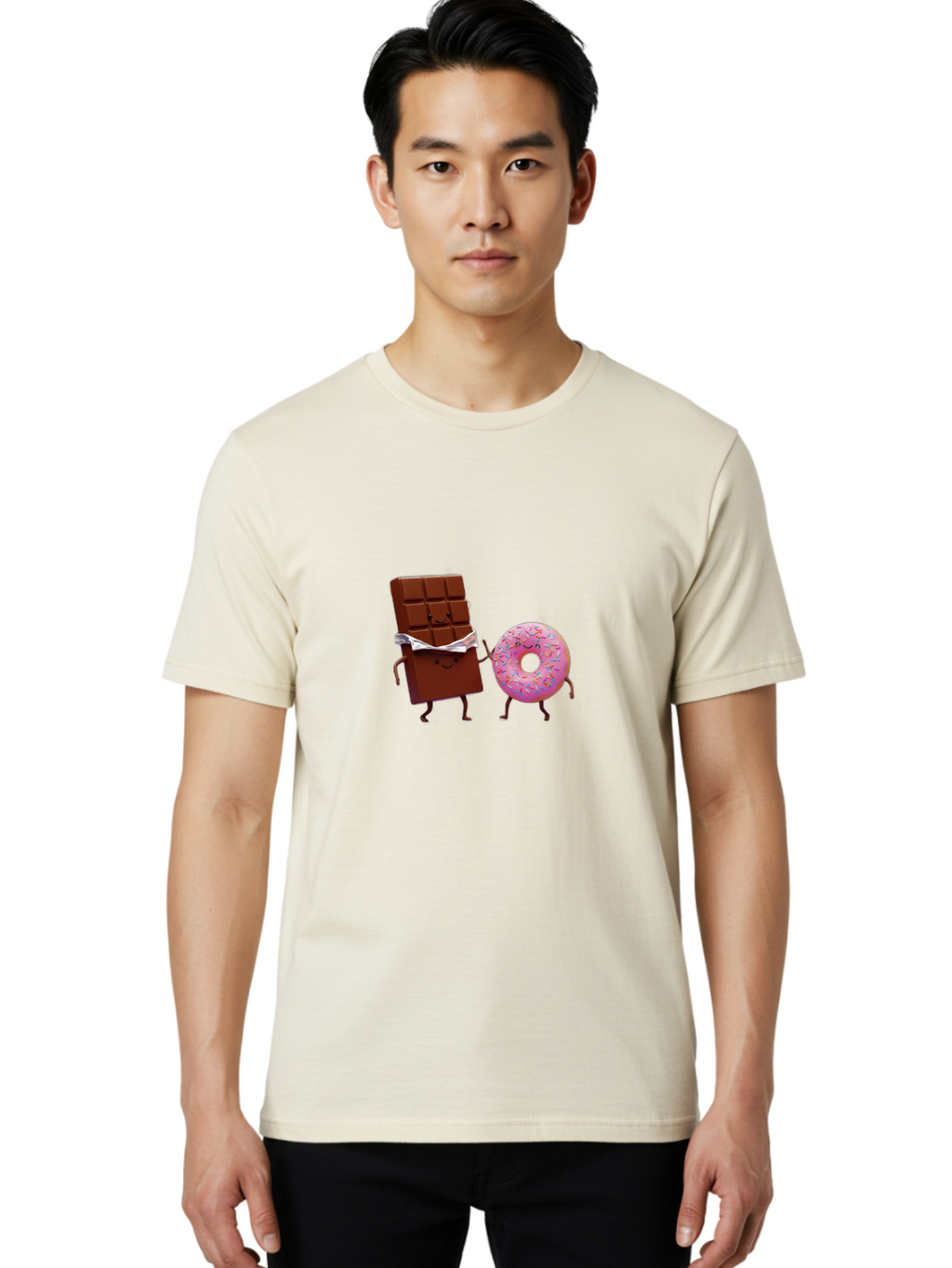 Chocolate-And-Donut Men'S Graphic Tee, 100% Cotton, Comfortable Casual Summer Wear, Machine Washable, Chocolate Bar, Donut With Sprinkles, Cartoon Characters, Sweet Treats, Dessert Lovers, Pastry, Baked Goods, Cute Graphic, Food Illustration Bac847