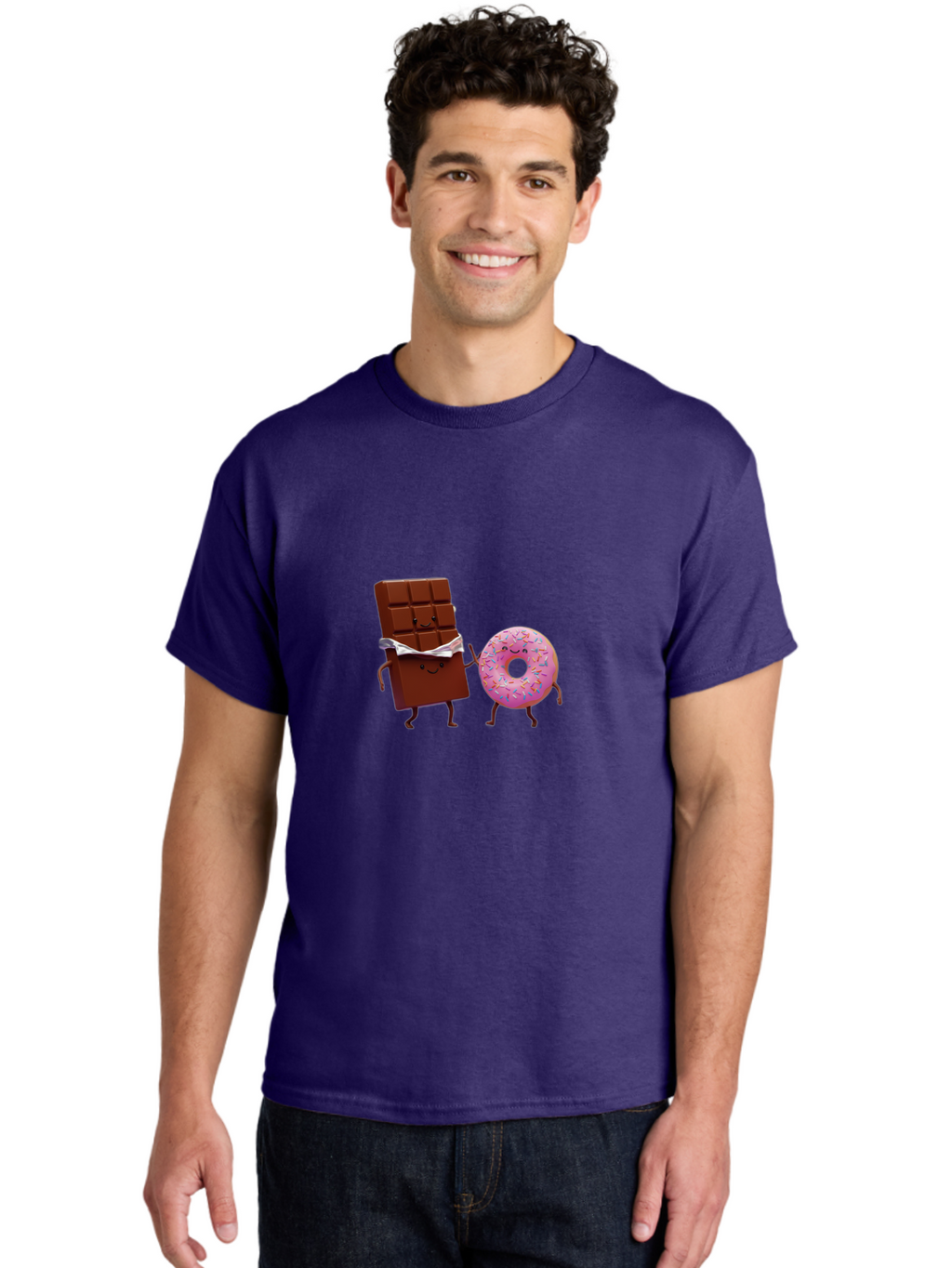 Chocolate-And-Donut Men'S Graphic Tee, 100% Cotton, Comfortable Casual Summer Wear, Machine Washable, Chocolate Bar, Donut With Sprinkles, Cartoon Characters, Sweet Treats, Dessert Lovers, Pastry, Baked Goods, Cute Graphic, Food Illustration Bac847