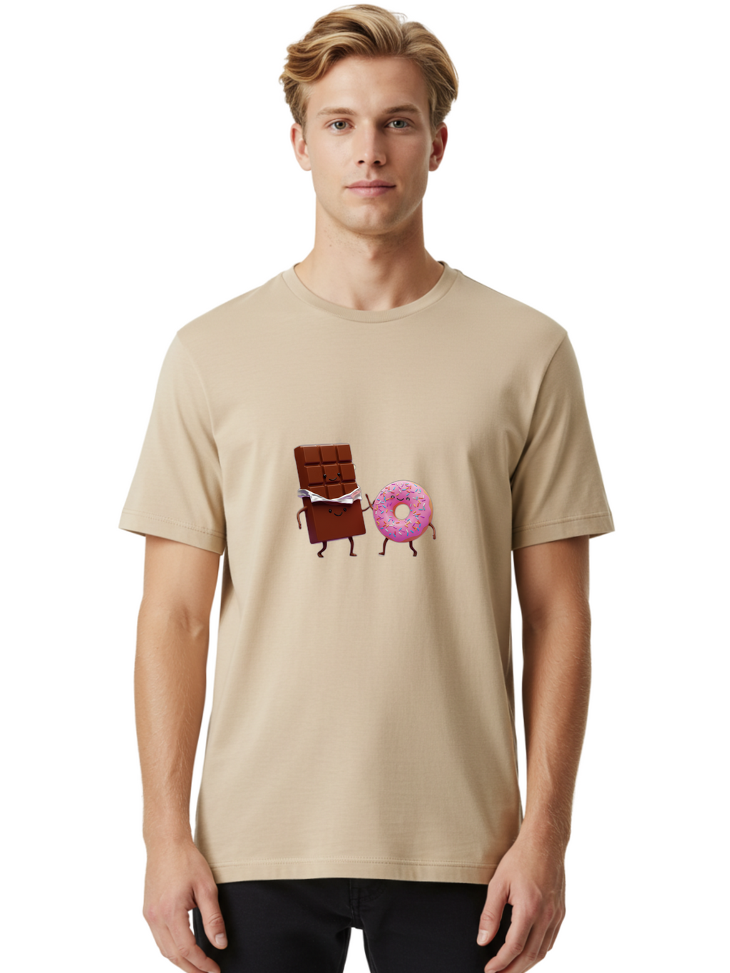 Chocolate-And-Donut Men'S Graphic Tee, 100% Cotton, Comfortable Casual Summer Wear, Machine Washable, Chocolate Bar, Donut With Sprinkles, Cartoon Characters, Sweet Treats, Dessert Lovers, Pastry, Baked Goods, Cute Graphic, Food Illustration Bac847