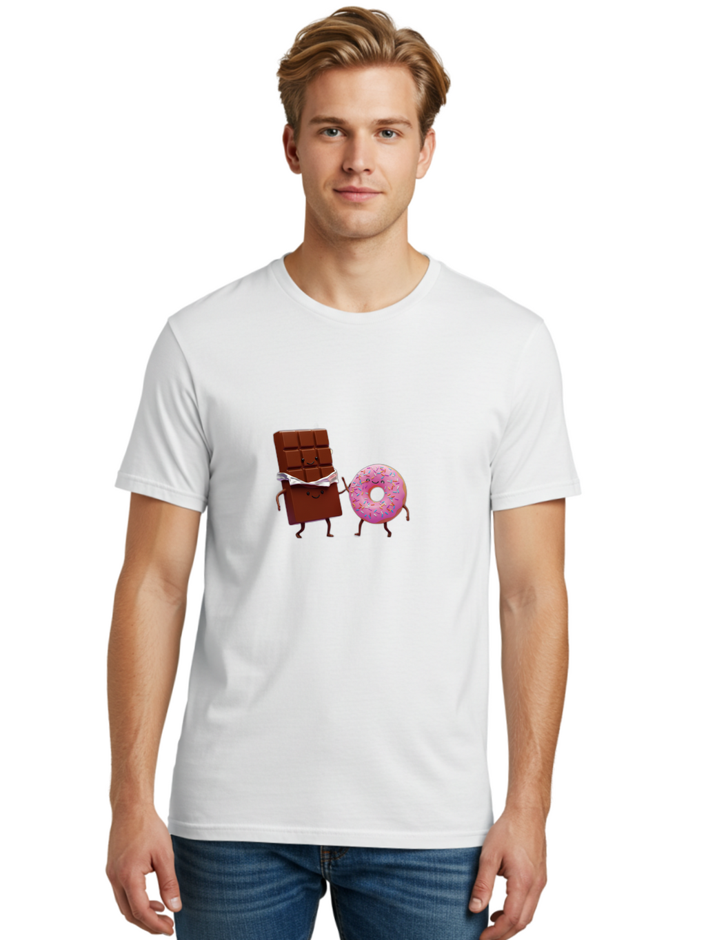 Chocolate-And-Donut Men'S Graphic Tee, 100% Cotton, Comfortable Casual Summer Wear, Machine Washable, Chocolate Bar, Donut With Sprinkles, Cartoon Characters, Sweet Treats, Dessert Lovers, Pastry, Baked Goods, Cute Graphic, Food Illustration Bac847
