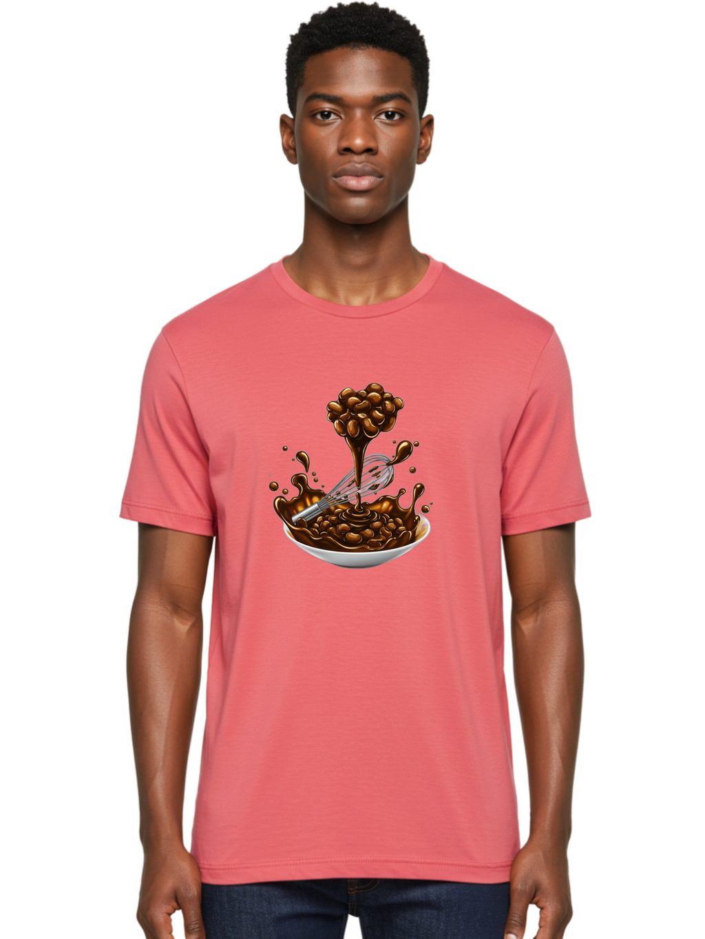 Chocolate Men'S Graphic Tee, 100% Cotton, Comfortable Casual Summer Wear, Machine Washable, Chocolate Sauce, Splatter Art, Whisk, White Bowl, Chocolate Beans, Coffee, Dessert, Sweet Treats, Indulgent, Rich, Decadent, Culinary Delight, Bac848