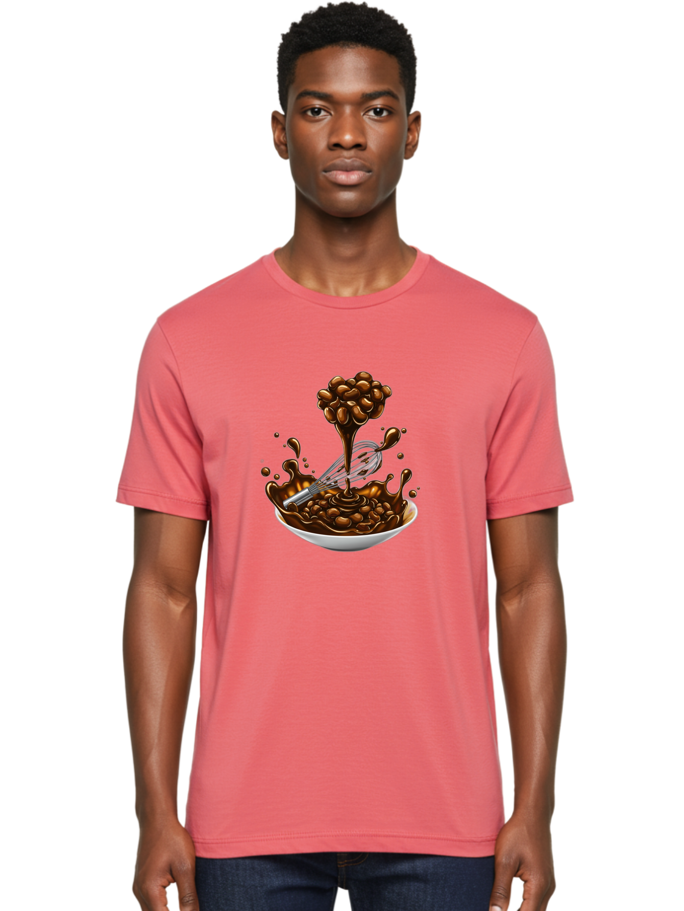 Chocolate Men'S Graphic Tee, 100% Cotton, Comfortable Casual Summer Wear, Machine Washable, Chocolate Sauce, Splatter Art, Whisk, White Bowl, Chocolate Beans, Coffee, Dessert, Sweet Treats, Indulgent, Rich, Decadent, Culinary Delight, Bac848