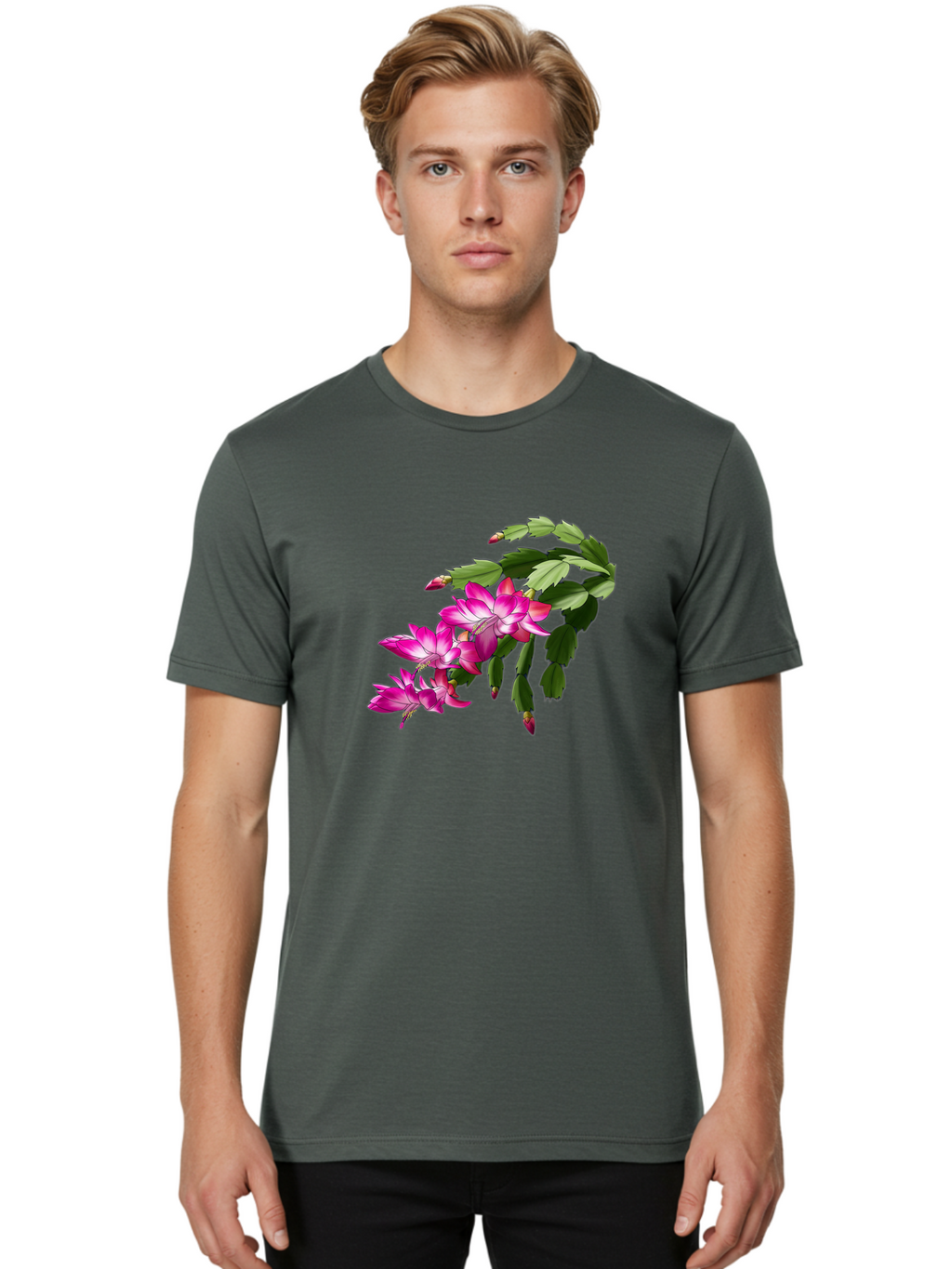 Christmas-Cactus Men'S Graphic Tee, 100% Cotton, Comfortable Casual Summer Wear, Machine Washable, Pink Flowers, Christmas Cactus, Festive Blooms, Holiday Decor, Vibrant Pink, White Accents, Green Leaves, Blooming Plants, Floral Arrangements Bac849