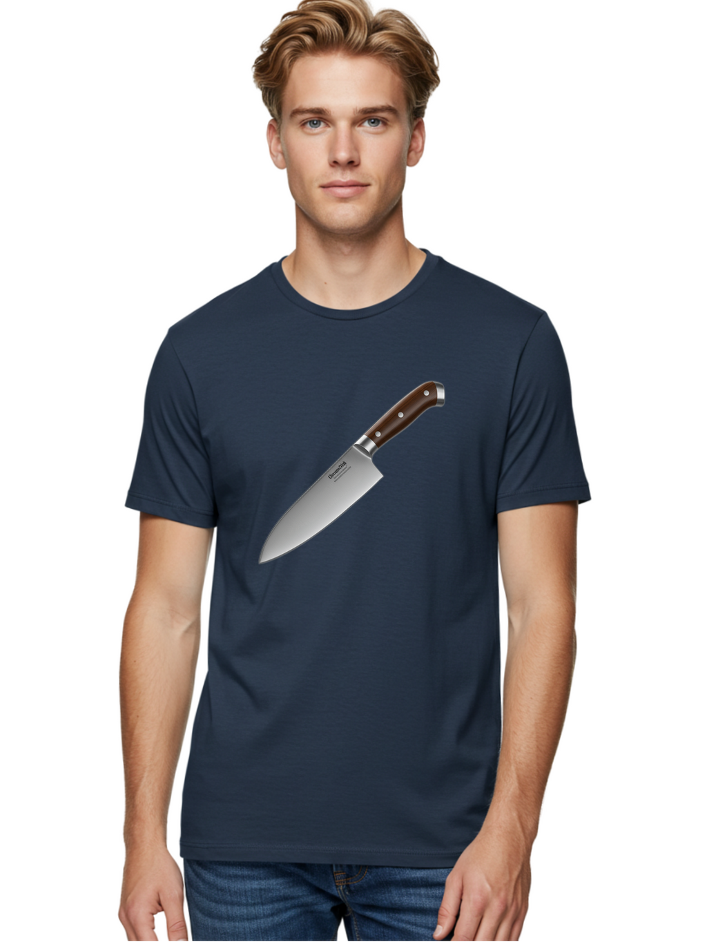 Christofle-Knife Men'S Graphic Tee, 100% Cotton, Comfortable Casual Summer Wear, Machine Washable, Sharp Chef Knife, Stainless Steel Blade, Brown Handle, Silver Rivets, Kitchen Utensil, Cooking Tool, Professional Chef Knife, Sharp Edge Bac850