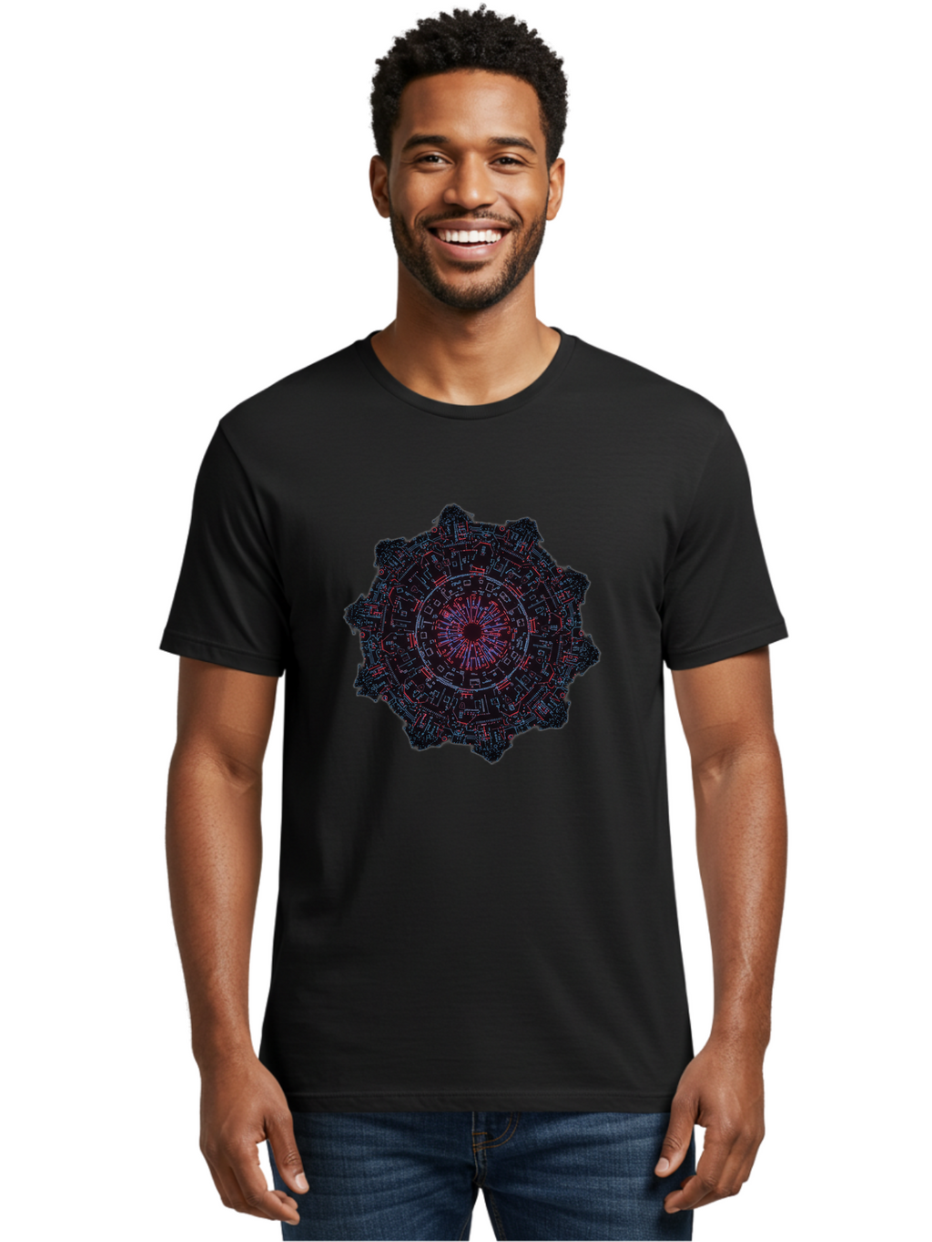 Circuit-Mandala Men'S Graphic Tee, 100% Cotton, Comfortable Casual Summer Wear, Machine Washable, Intricate Circuit Design, Futuristic Mandala, Electronic Art, Digital Pattern, Neon Lights, Abstract Technology, Cyberpunk, Sci-Fi Elements, Bac851